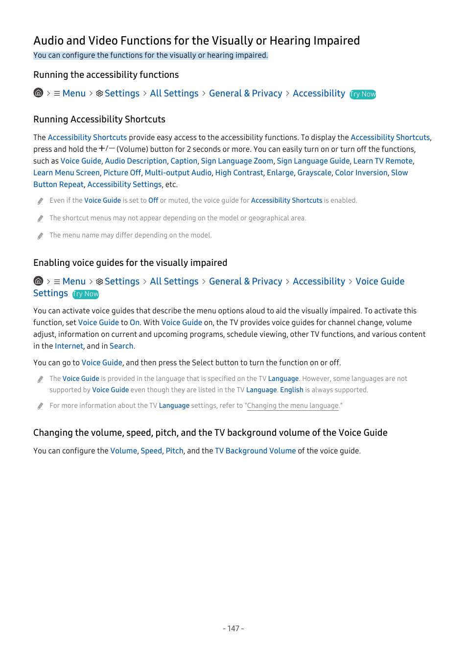 Running the accessibility functions, Running accessibility shortcuts, Enabling voice guides for the visually impaired | Impaired | Samsung S95C 77" 4K HDR Quantum Dot OLED TV User Manual | Page 147 / 272