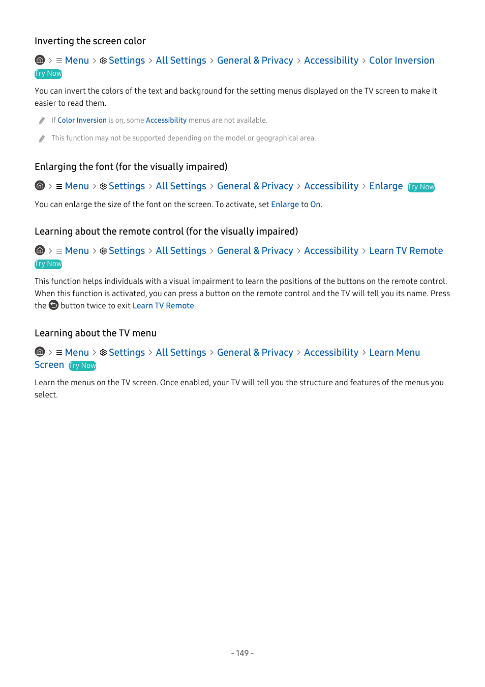 Inverting the screen color, Enlarging the font (for the visually impaired), Learning about the tv menu | Samsung S95C 77" 4K HDR Quantum Dot OLED TV User Manual | Page 149 / 272