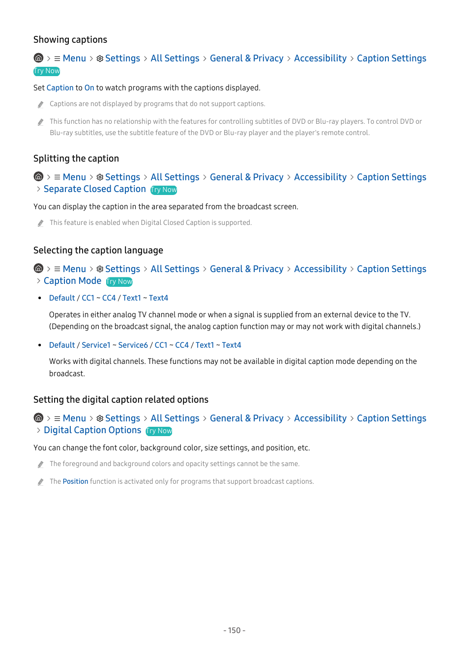 Showing captions, Splitting the caption, Selecting the caption language | Setting the digital caption related options | Samsung S95C 77" 4K HDR Quantum Dot OLED TV User Manual | Page 150 / 272