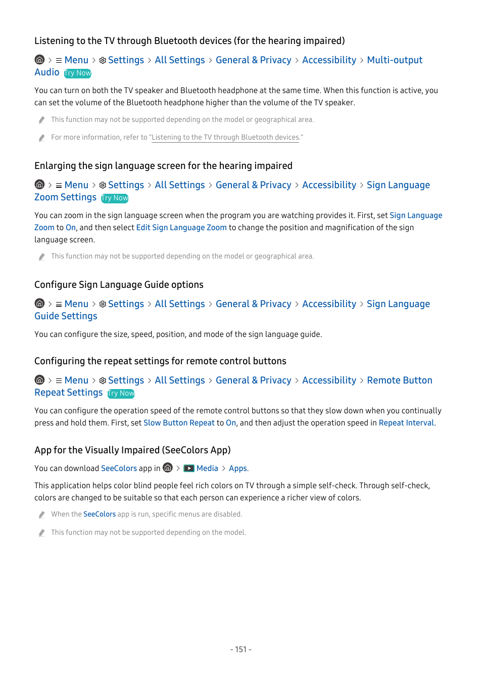 Configure sign language guide options, App for the visually impaired (seecolors app) | Samsung S95C 77" 4K HDR Quantum Dot OLED TV User Manual | Page 151 / 272