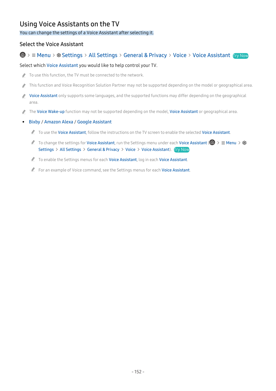 Using voice assistants on the tv, Select the voice assistant, 152 using voice assistants on the tv | Samsung S95C 77" 4K HDR Quantum Dot OLED TV User Manual | Page 152 / 272