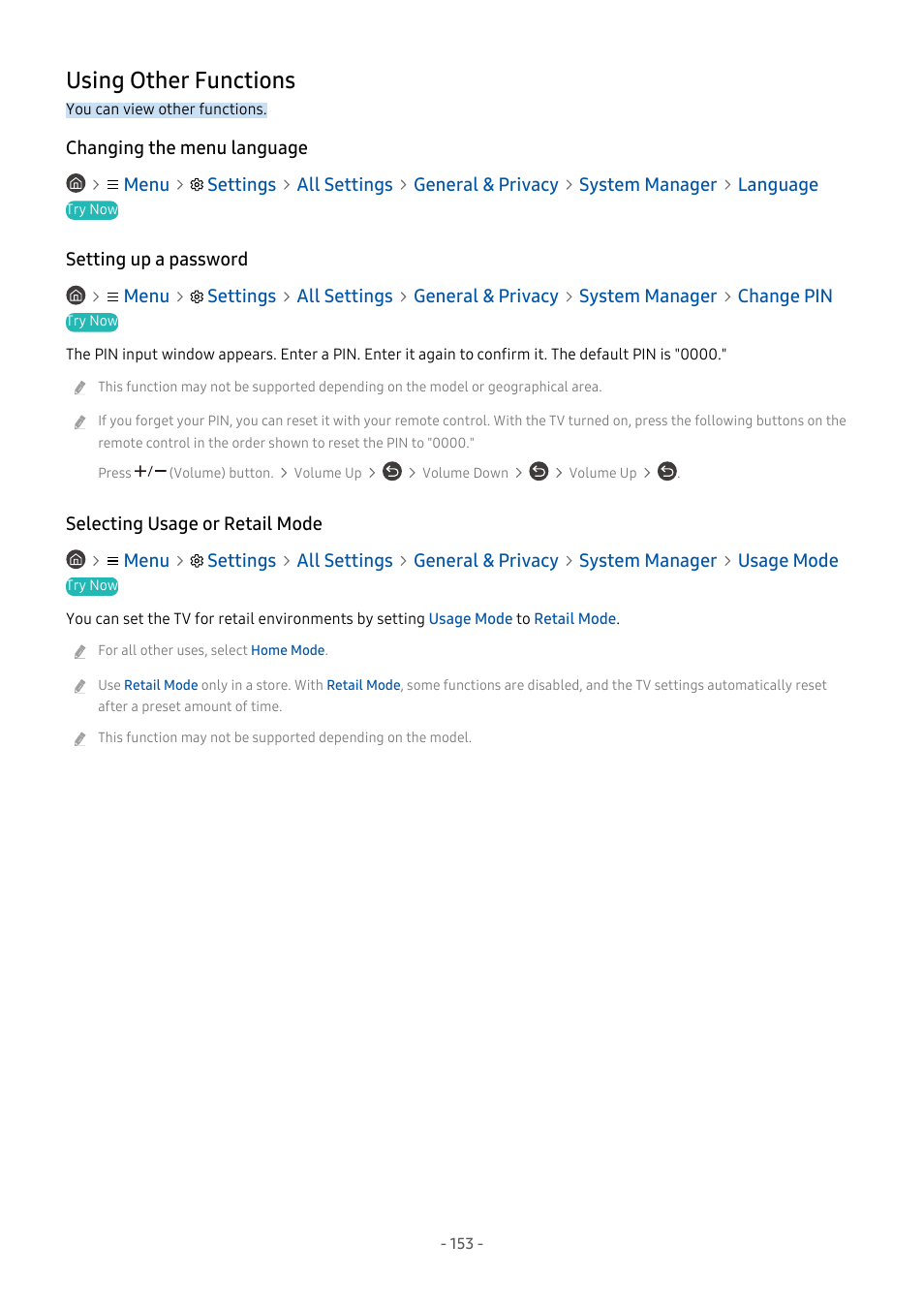 Using other functions, Changing the menu language, Setting up a password | Selecting usage or retail mode, 153 using other functions | Samsung S95C 77" 4K HDR Quantum Dot OLED TV User Manual | Page 153 / 272
