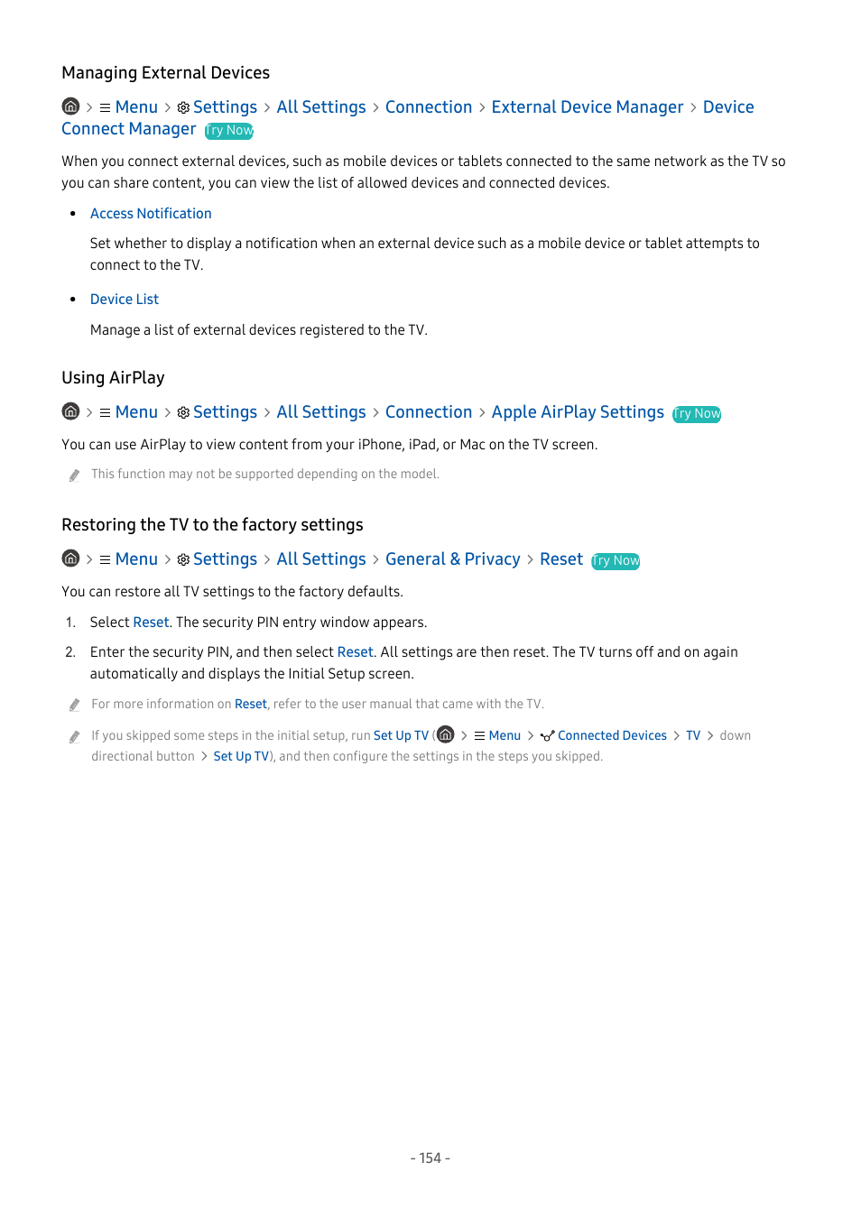 Managing external devices, Using airplay, Restoring the tv to the factory settings | Samsung S95C 77" 4K HDR Quantum Dot OLED TV User Manual | Page 154 / 272