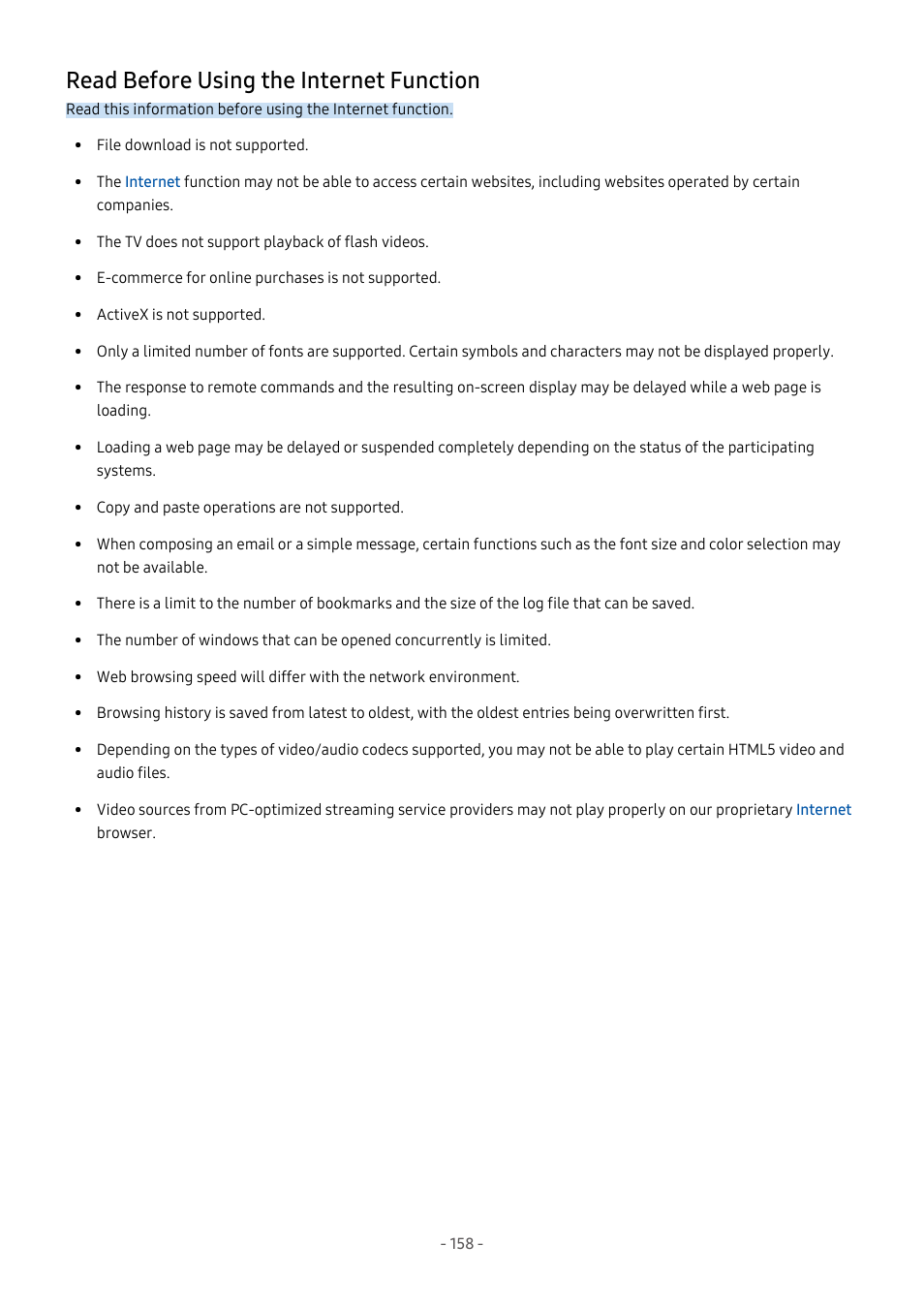 Read before using the internet function, 158 read before using the internet function | Samsung S95C 77" 4K HDR Quantum Dot OLED TV User Manual | Page 158 / 272