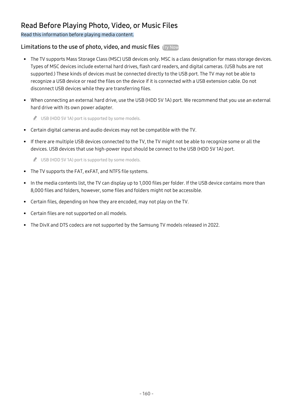 Read before playing photo, video, or music files | Samsung S95C 77" 4K HDR Quantum Dot OLED TV User Manual | Page 160 / 272