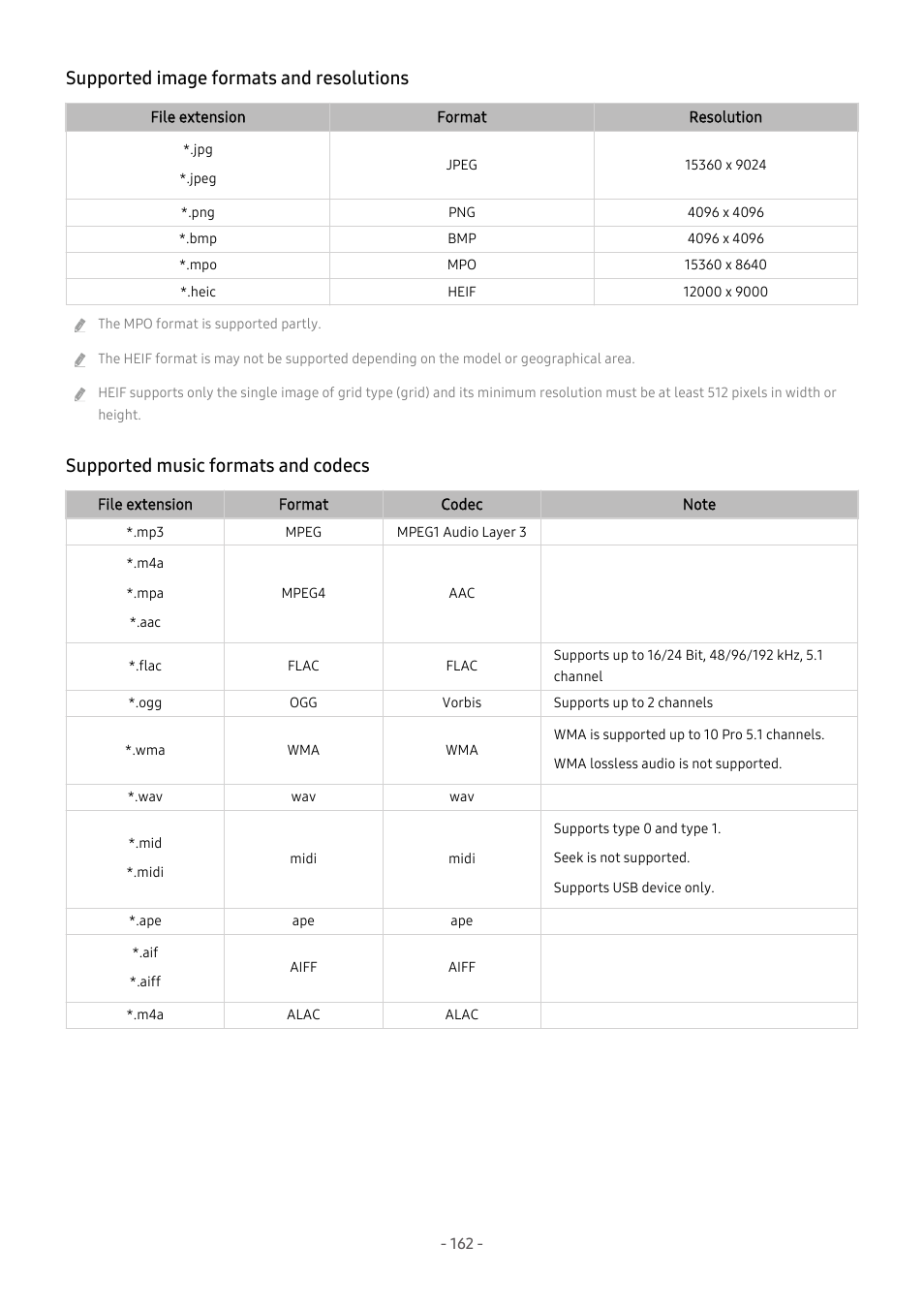 Supported image formats and resolutions, Supported music formats and codecs | Samsung S95C 77" 4K HDR Quantum Dot OLED TV User Manual | Page 162 / 272