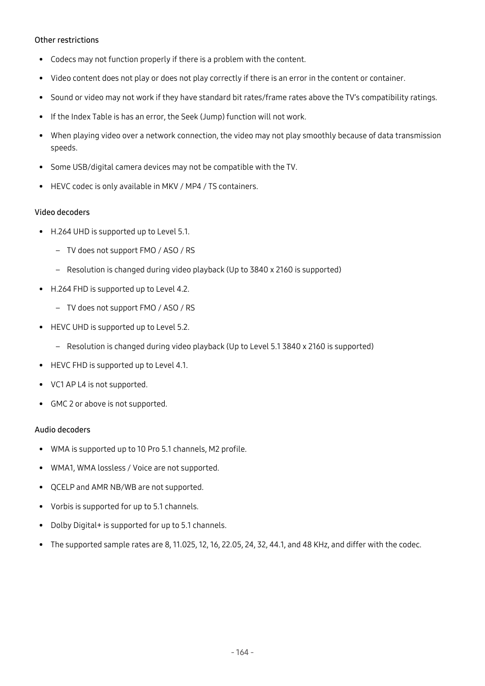Other restrictions, Video decoders, Audio decoders | Samsung S95C 77" 4K HDR Quantum Dot OLED TV User Manual | Page 164 / 272