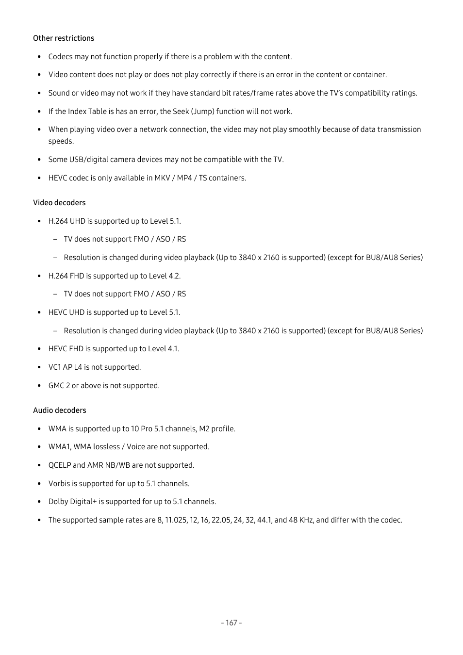 Other restrictions, Video decoders, Audio decoders | Samsung S95C 77" 4K HDR Quantum Dot OLED TV User Manual | Page 167 / 272