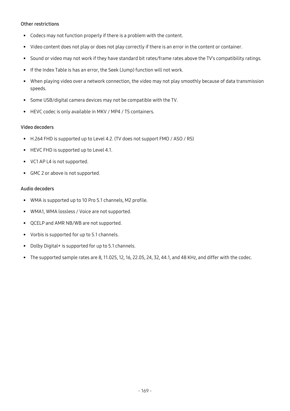 Other restrictions, Video decoders, Audio decoders | Samsung S95C 77" 4K HDR Quantum Dot OLED TV User Manual | Page 169 / 272