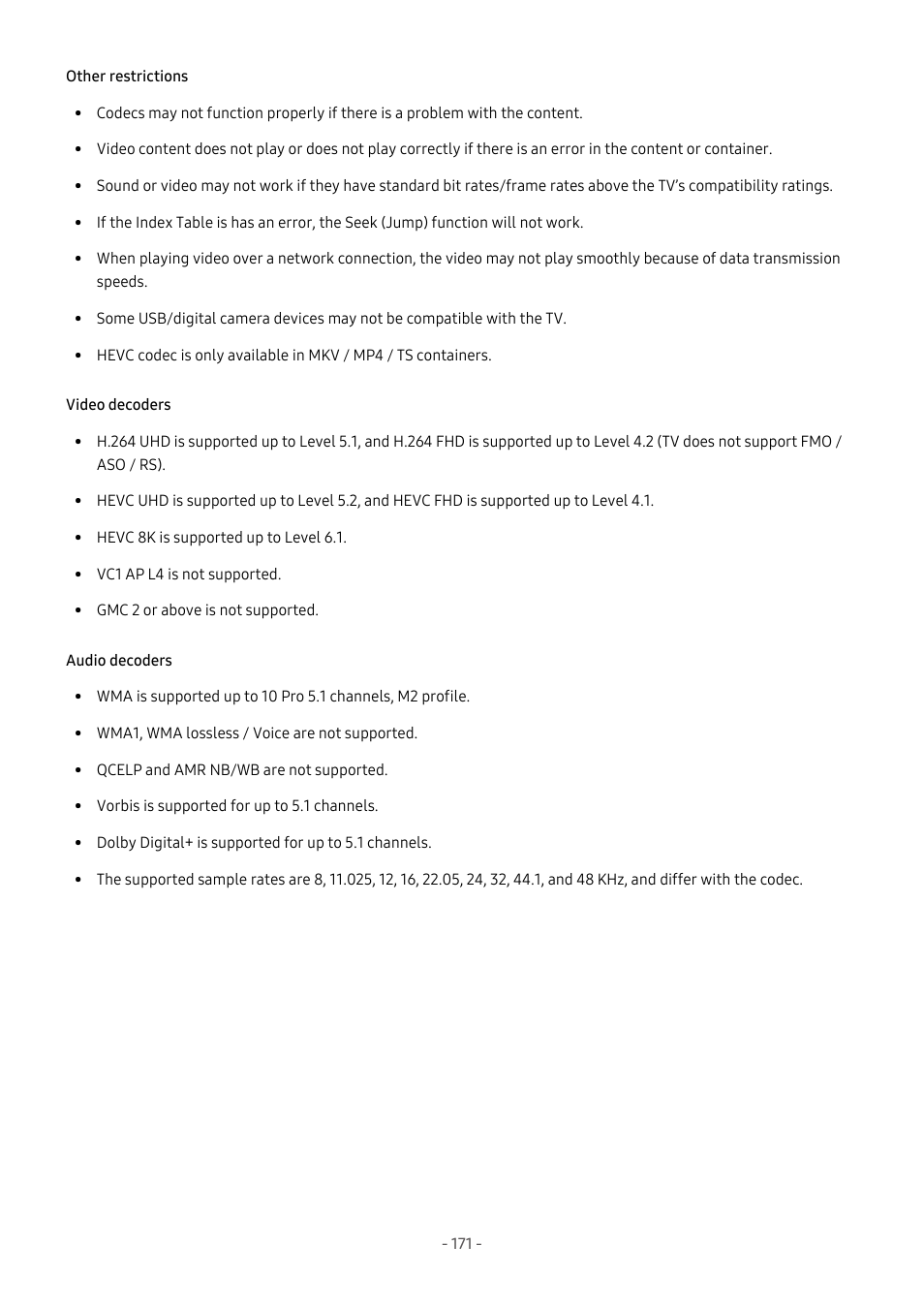 Other restrictions, Video decoders, Audio decoders | Samsung S95C 77" 4K HDR Quantum Dot OLED TV User Manual | Page 171 / 272