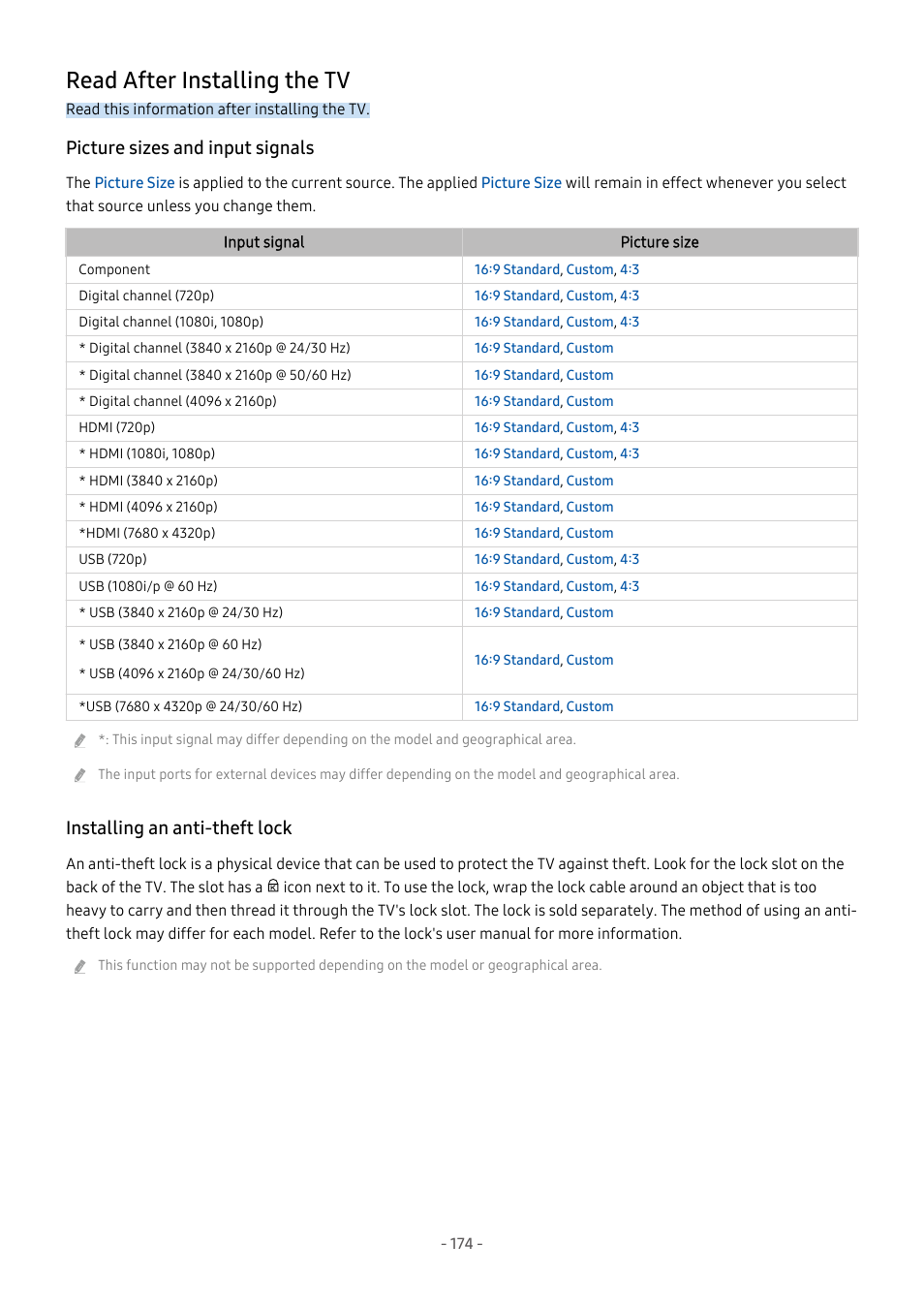 Read after installing the tv, Picture sizes and input signals, Installing an anti-theft lock | 174 read after installing the tv | Samsung S95C 77" 4K HDR Quantum Dot OLED TV User Manual | Page 174 / 272