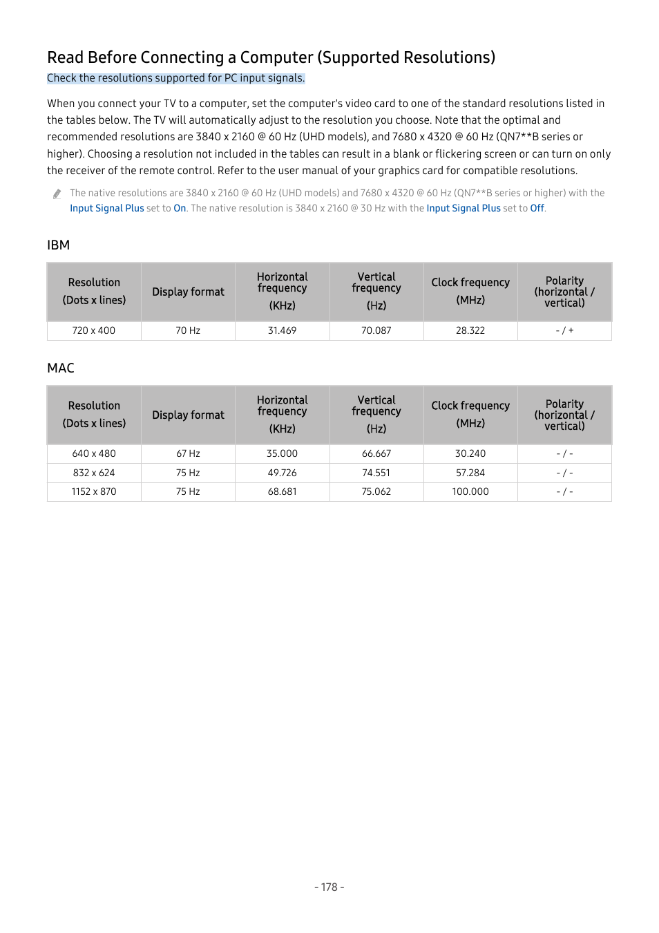 178 read before connecting a computer (supported, Resolutions) | Samsung S95C 77" 4K HDR Quantum Dot OLED TV User Manual | Page 178 / 272