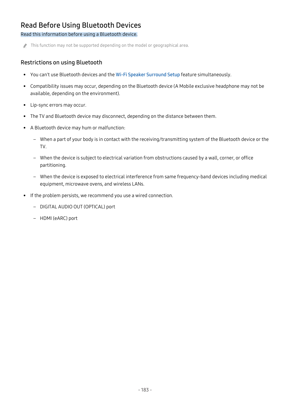 Read before using bluetooth devices, Restrictions on using bluetooth, 183 read before using bluetooth devices | Samsung S95C 77" 4K HDR Quantum Dot OLED TV User Manual | Page 183 / 272