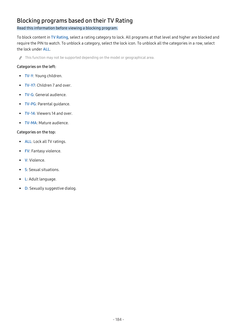 Blocking programs based on their tv rating, 184 blocking programs based on their tv rating | Samsung S95C 77" 4K HDR Quantum Dot OLED TV User Manual | Page 184 / 272