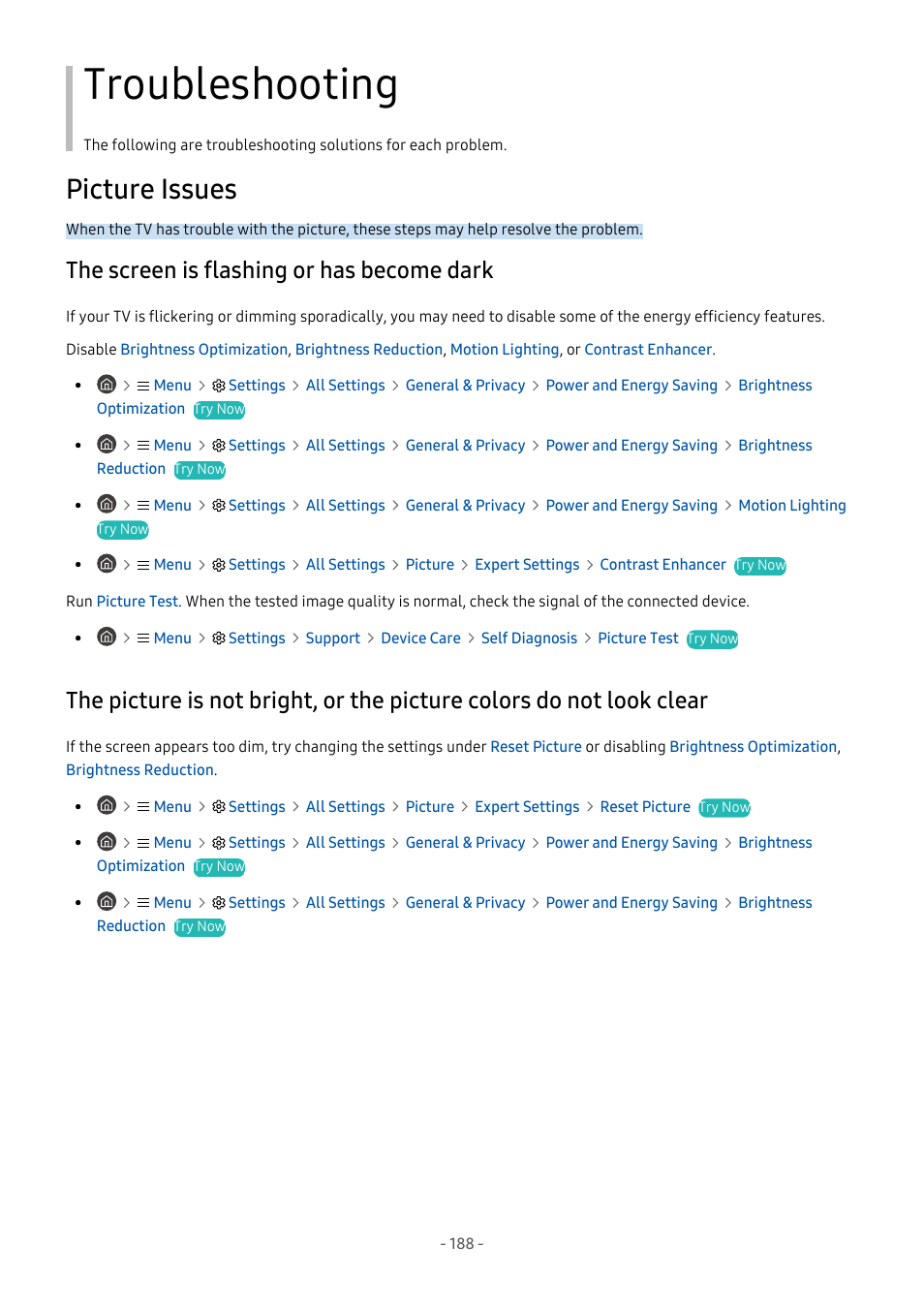 Troubleshooting, Picture issues, The screen is flashing or has become dark | 188 the screen is flashing or has become dark, Clear | Samsung S95C 77" 4K HDR Quantum Dot OLED TV User Manual | Page 188 / 272