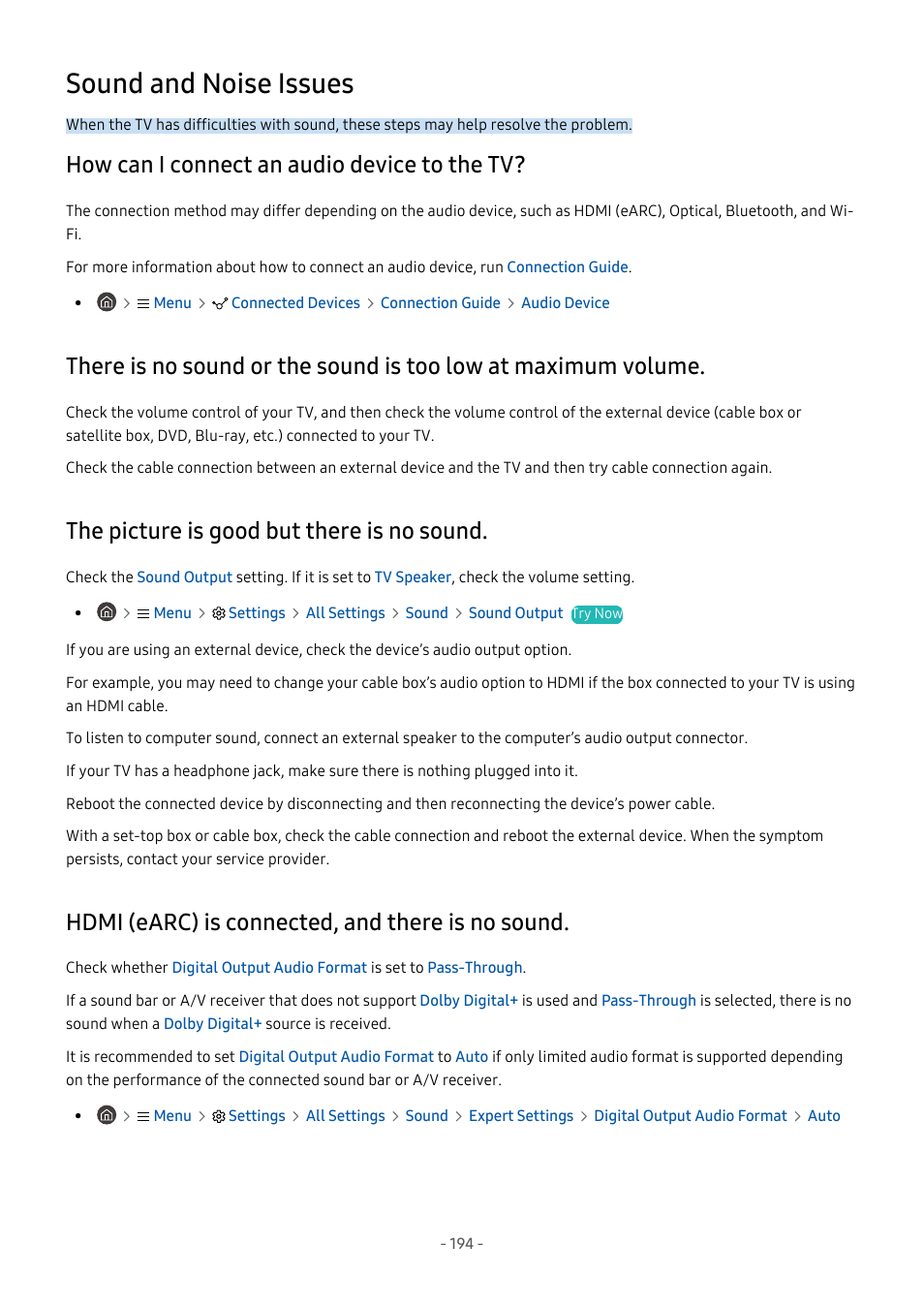 Sound and noise issues, How can i connect an audio device to the tv, The picture is good but there is no sound | Hdmi (earc) is connected, and there is no sound, 194 how can i connect an audio device to the tv, Volume, 194 the picture is good but there is no sound | Samsung S95C 77" 4K HDR Quantum Dot OLED TV User Manual | Page 194 / 272