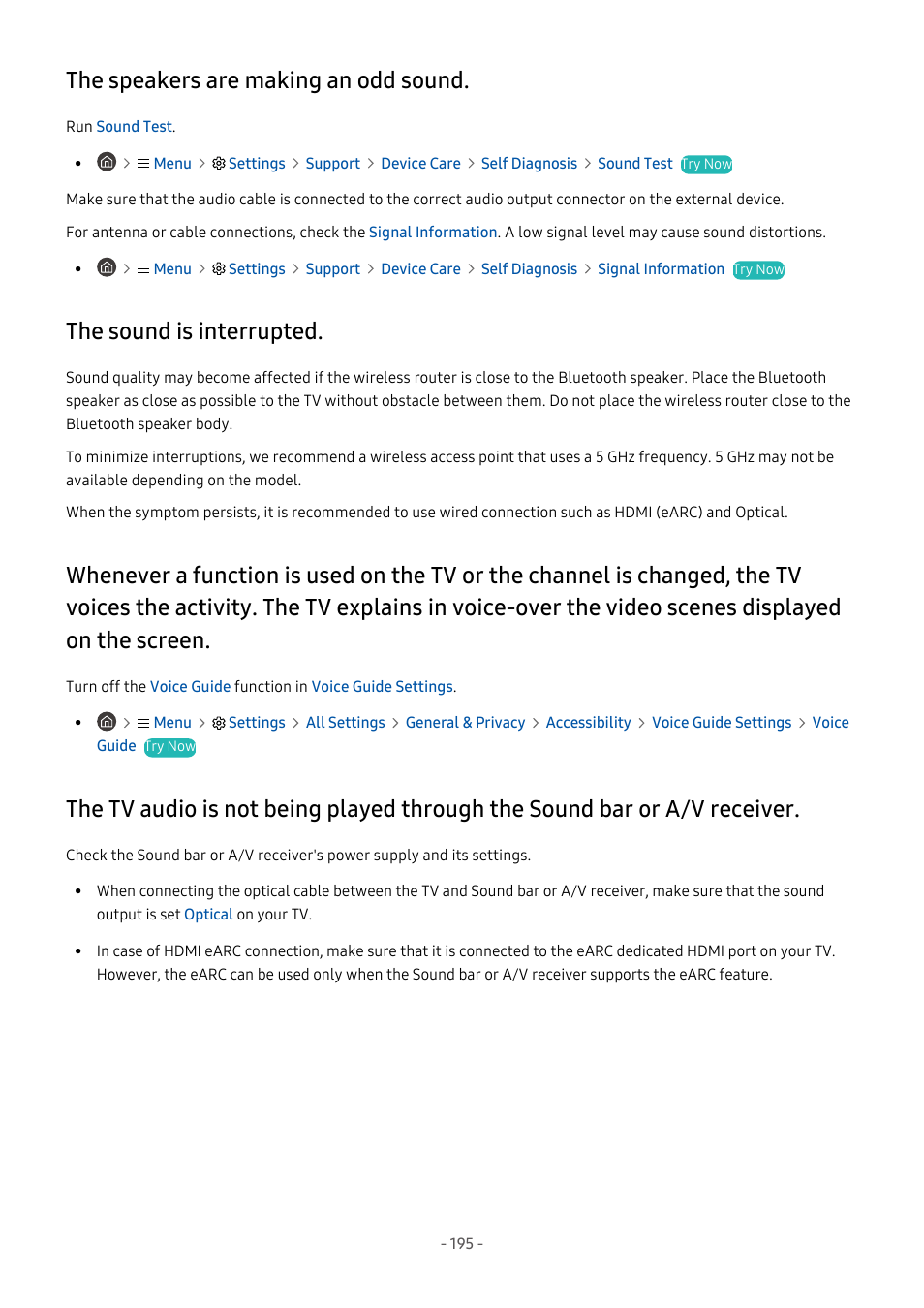 The speakers are making an odd sound, The sound is interrupted, 195 the speakers are making an odd sound | 195 the sound is interrupted, A/v receiver | Samsung S95C 77" 4K HDR Quantum Dot OLED TV User Manual | Page 195 / 272