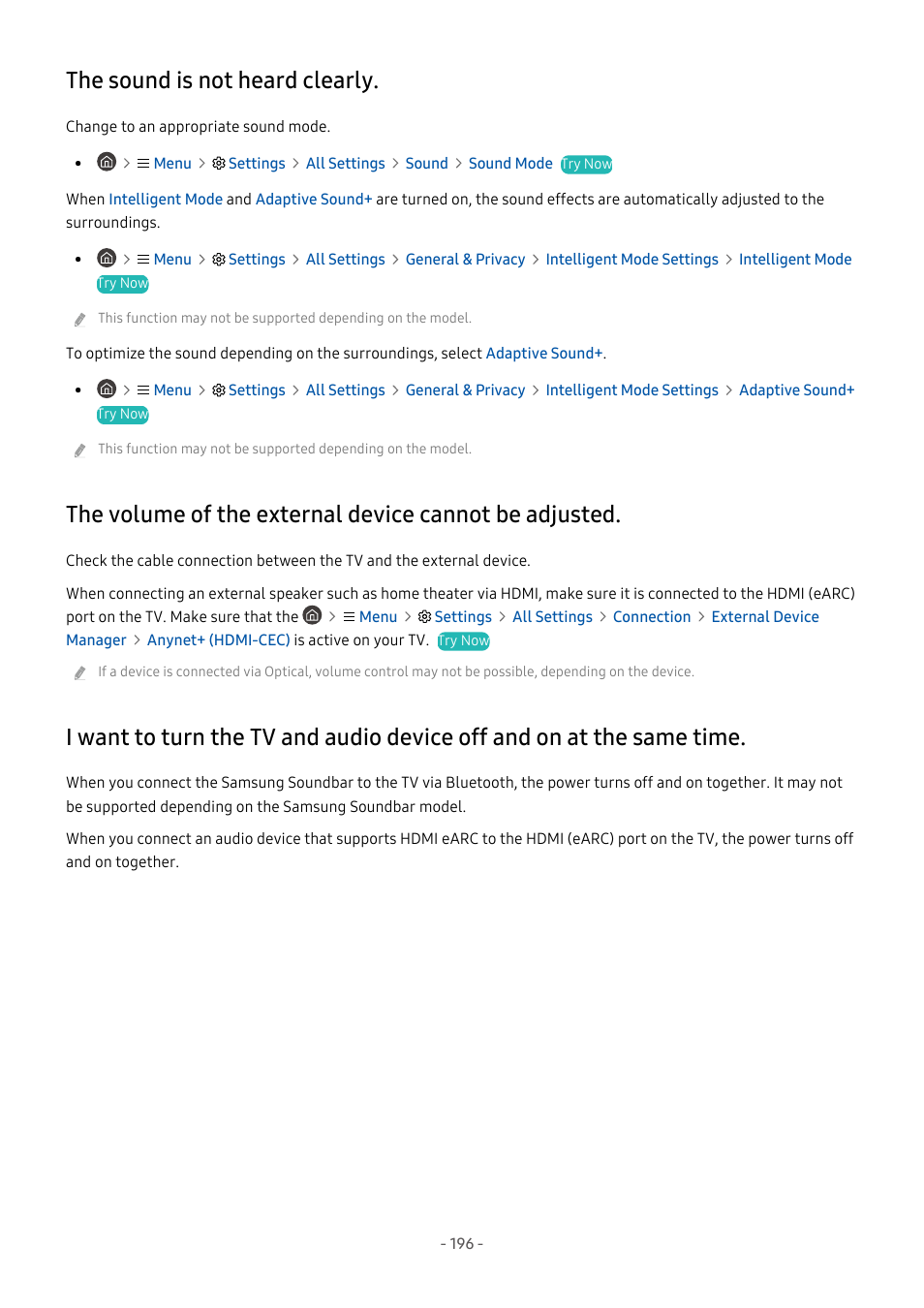 The sound is not heard clearly, 196 the sound is not heard clearly, Same time | Samsung S95C 77" 4K HDR Quantum Dot OLED TV User Manual | Page 196 / 272