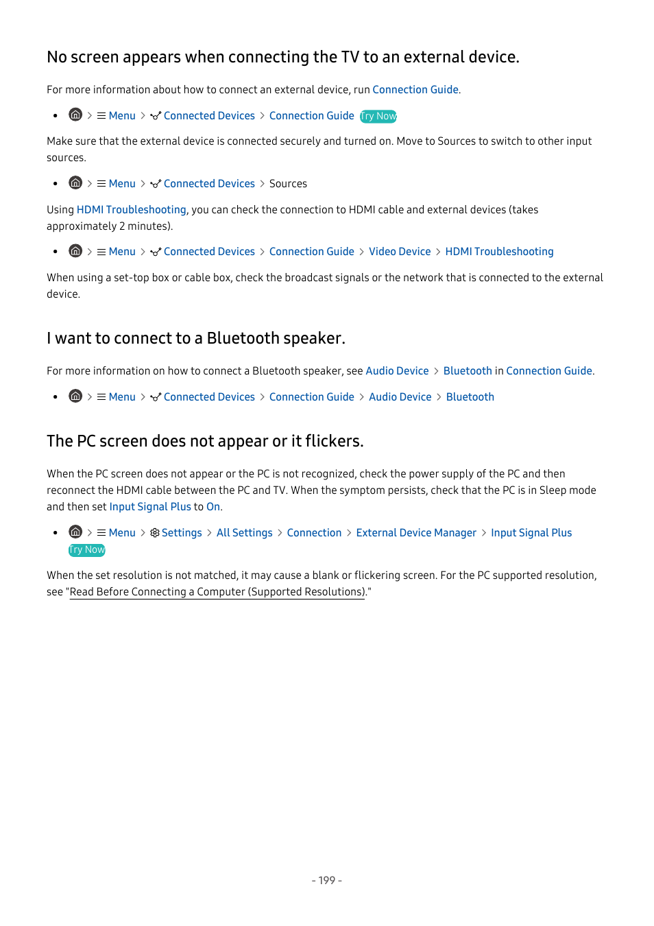 I want to connect to a bluetooth speaker, The pc screen does not appear or it flickers, Device | 199 i want to connect to a bluetooth speaker, 199 the pc screen does not appear or it flickers | Samsung S95C 77" 4K HDR Quantum Dot OLED TV User Manual | Page 199 / 272