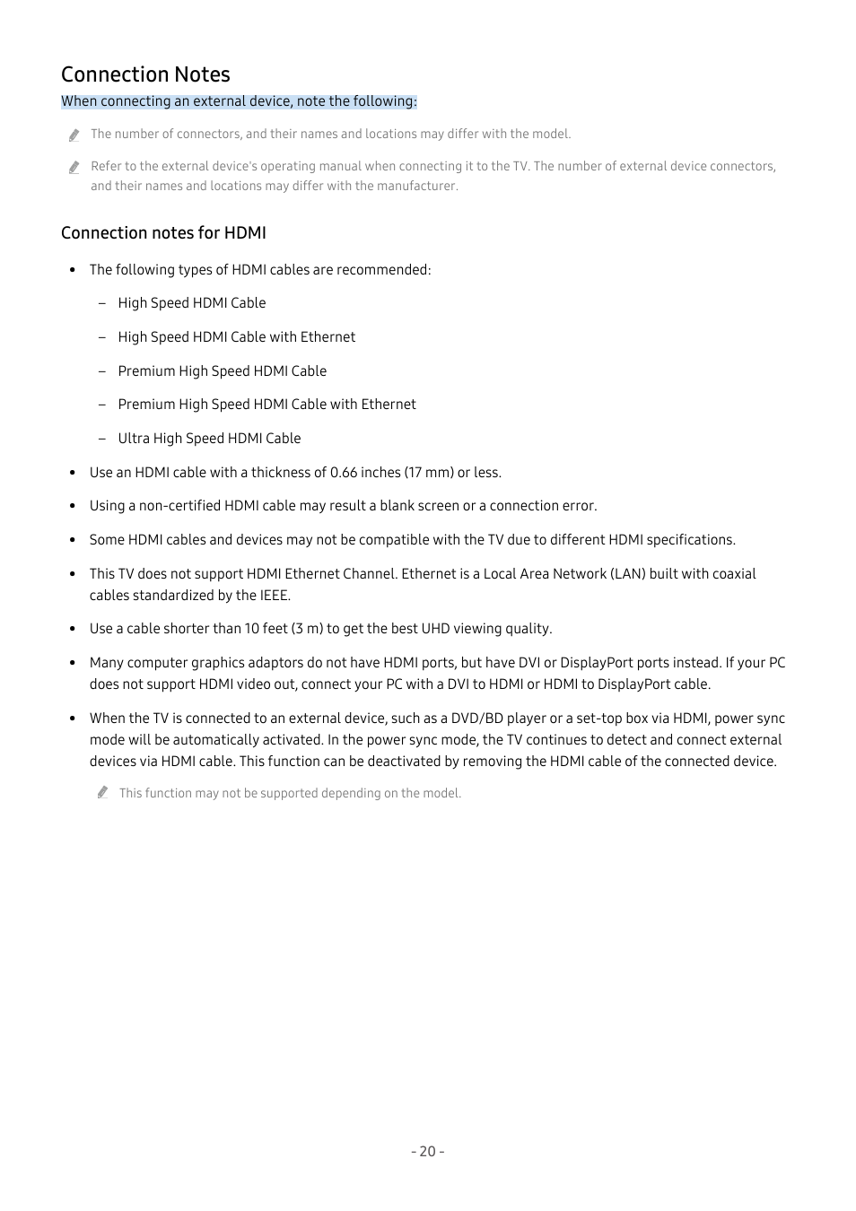 Connection notes, Connection notes for hdmi, 20 connection notes | Samsung S95C 77" 4K HDR Quantum Dot OLED TV User Manual | Page 20 / 272