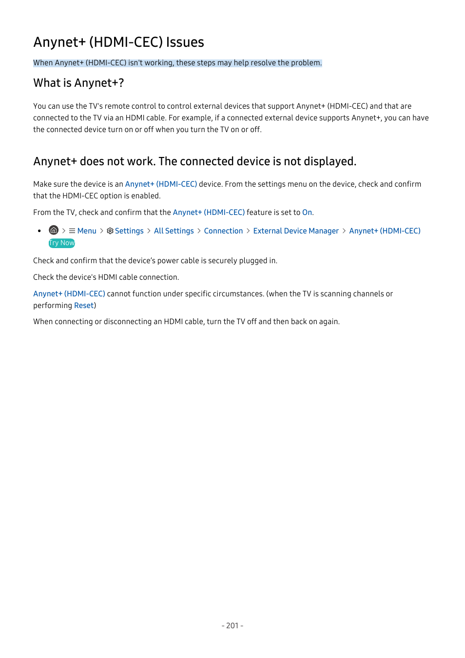 Anynet+ (hdmi-cec) issues, What is anynet, 201 what is anynet | Displayed | Samsung S95C 77" 4K HDR Quantum Dot OLED TV User Manual | Page 201 / 272
