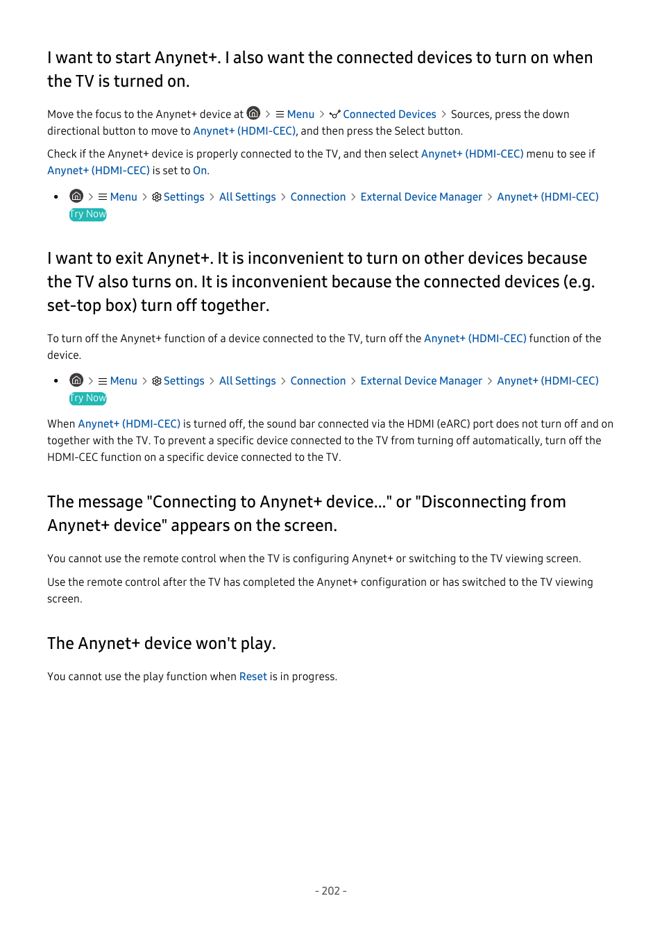 The anynet+ device won't play, Turn on when the tv is turned on, 202 the anynet+ device won't play | Samsung S95C 77