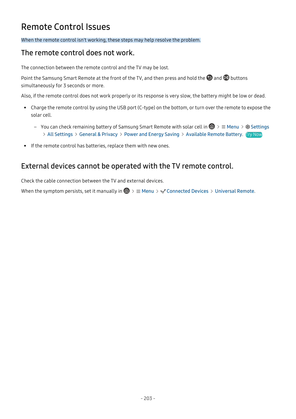Remote control issues, The remote control does not work, 203 the remote control does not work | Control | Samsung S95C 77" 4K HDR Quantum Dot OLED TV User Manual | Page 203 / 272