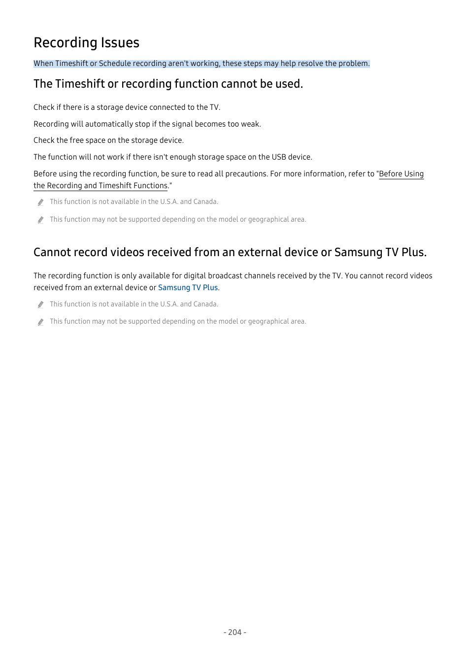 Recording issues, The timeshift or recording function cannot be used, Samsung tv plus | Samsung S95C 77" 4K HDR Quantum Dot OLED TV User Manual | Page 204 / 272