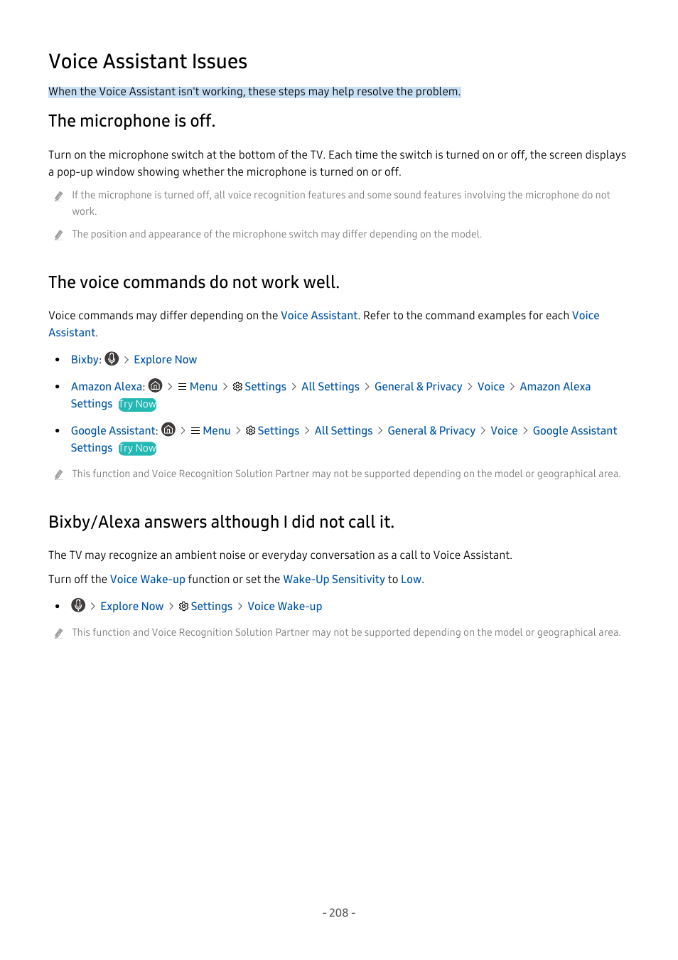 Voice assistant issues, The microphone is off, The voice commands do not work well | Bixby/alexa answers although i did not call it, 208 the microphone is off, 208 the voice commands do not work well, 208 bixby/alexa answers although i did not call it | Samsung S95C 77" 4K HDR Quantum Dot OLED TV User Manual | Page 208 / 272