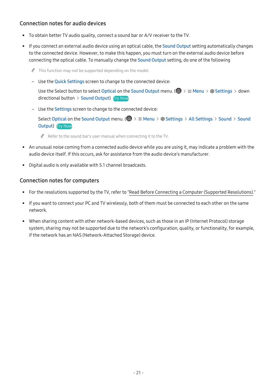 Connection notes for audio devices, Connection notes for computers | Samsung S95C 77" 4K HDR Quantum Dot OLED TV User Manual | Page 21 / 272