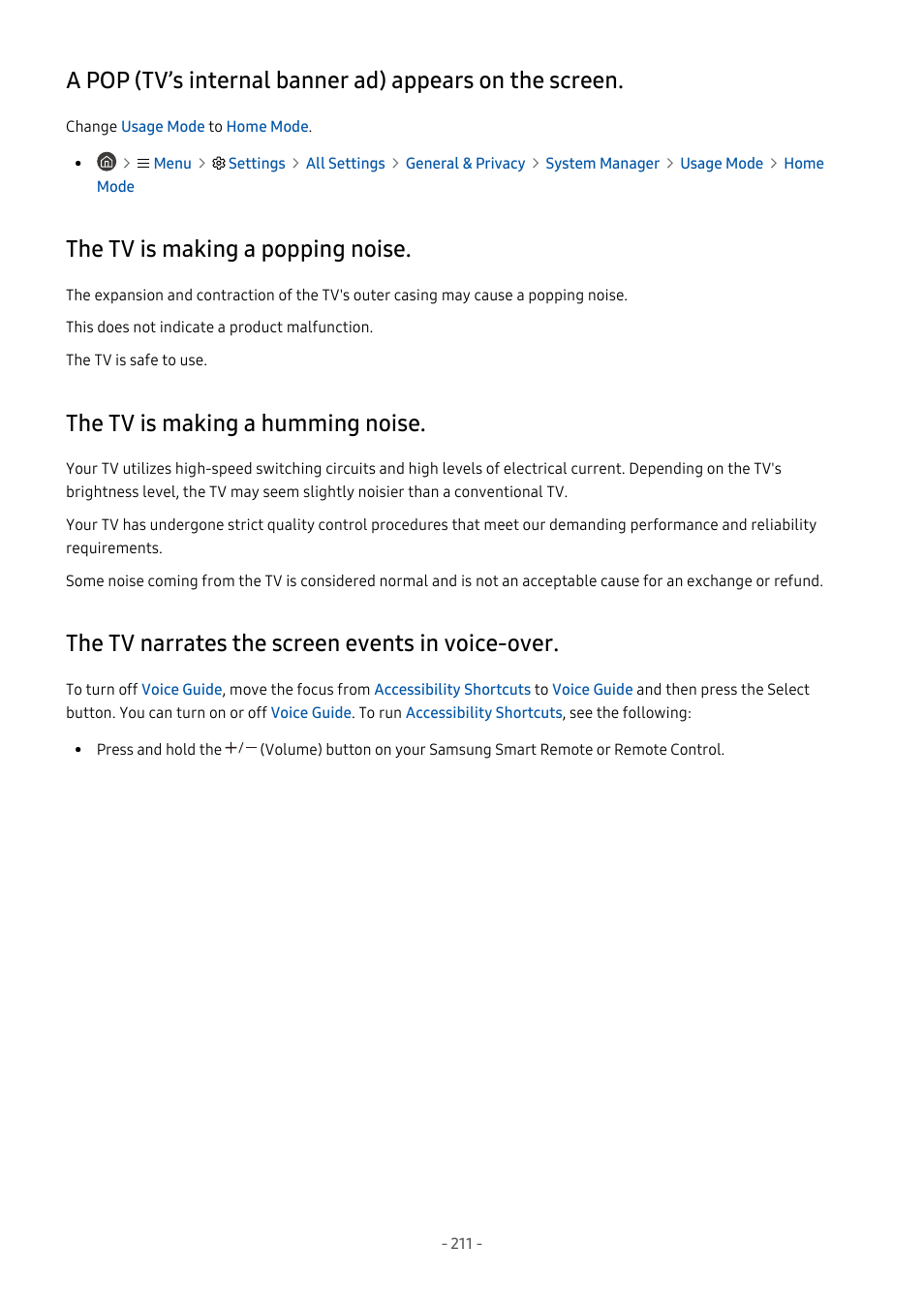 The tv is making a popping noise, The tv is making a humming noise, The tv narrates the screen events in voice-over | 211 the tv is making a popping noise, 211 the tv is making a humming noise | Samsung S95C 77" 4K HDR Quantum Dot OLED TV User Manual | Page 211 / 272