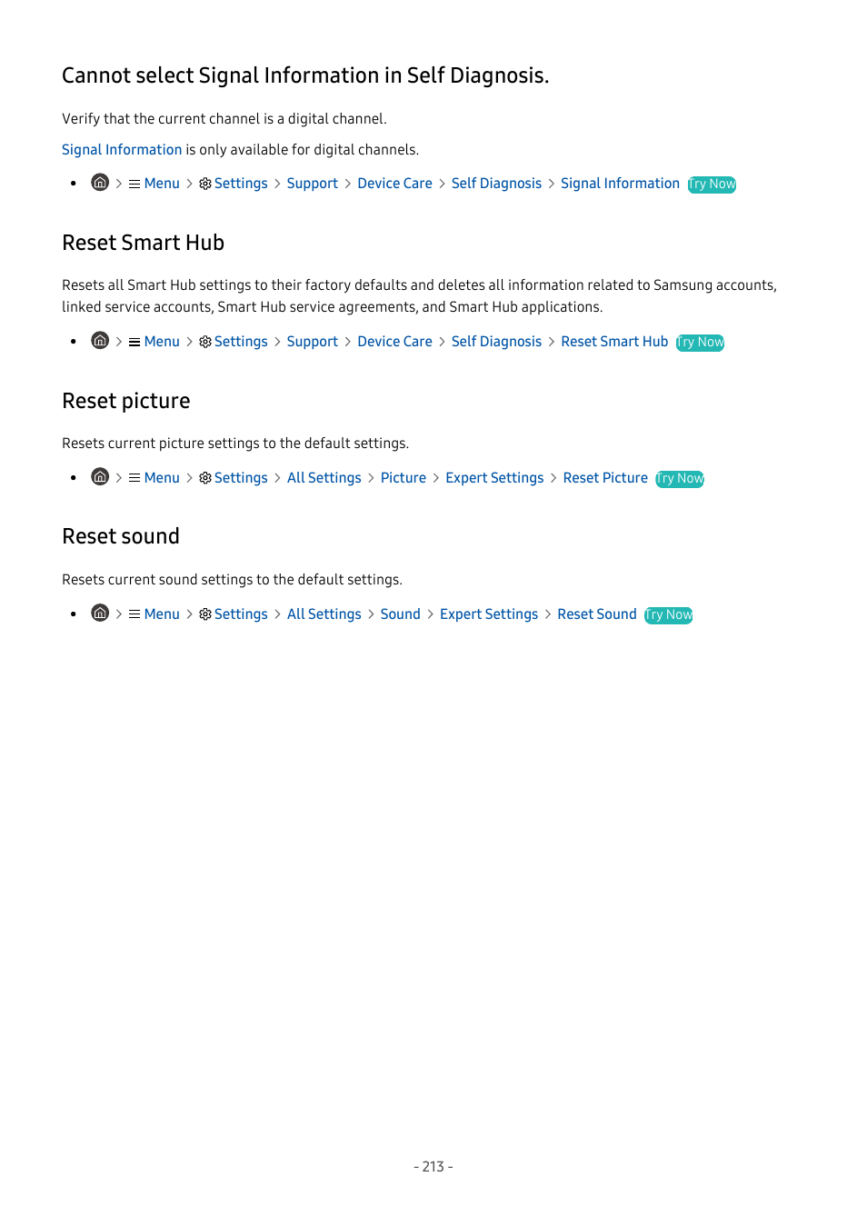 Cannot select signal information in self diagnosis, Reset smart hub, Reset picture | Reset sound, 213 reset smart hub, 213 reset picture, 213 reset sound | Samsung S95C 77" 4K HDR Quantum Dot OLED TV User Manual | Page 213 / 272