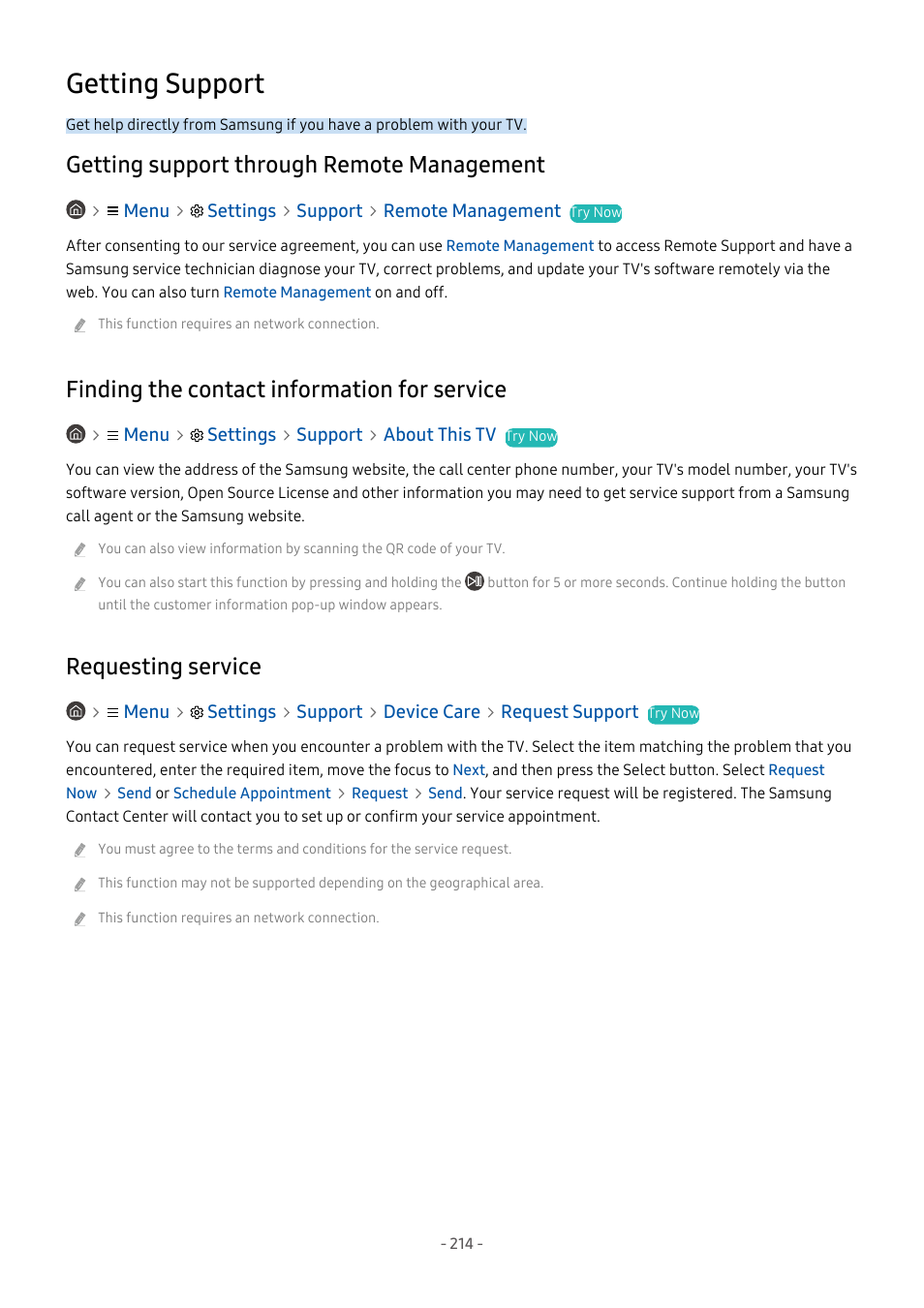 Getting support, Getting support through remote management, Finding the contact information for service | Requesting service, 214 getting support through remote management, 214 finding the contact information for service, 214 requesting service | Samsung S95C 77" 4K HDR Quantum Dot OLED TV User Manual | Page 214 / 272