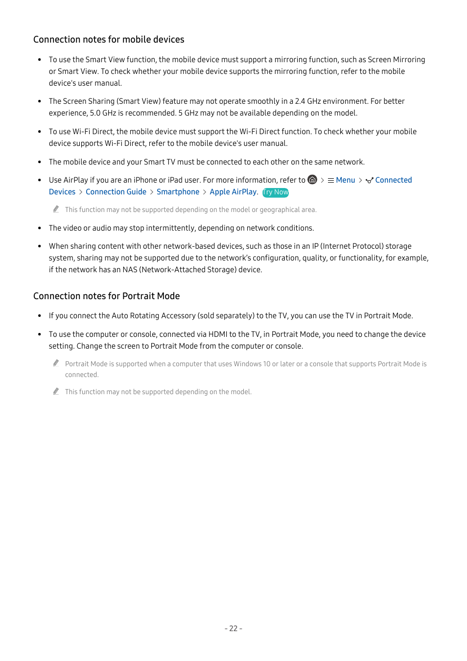Connection notes for mobile devices, Connection notes for portrait mode | Samsung S95C 77" 4K HDR Quantum Dot OLED TV User Manual | Page 22 / 272