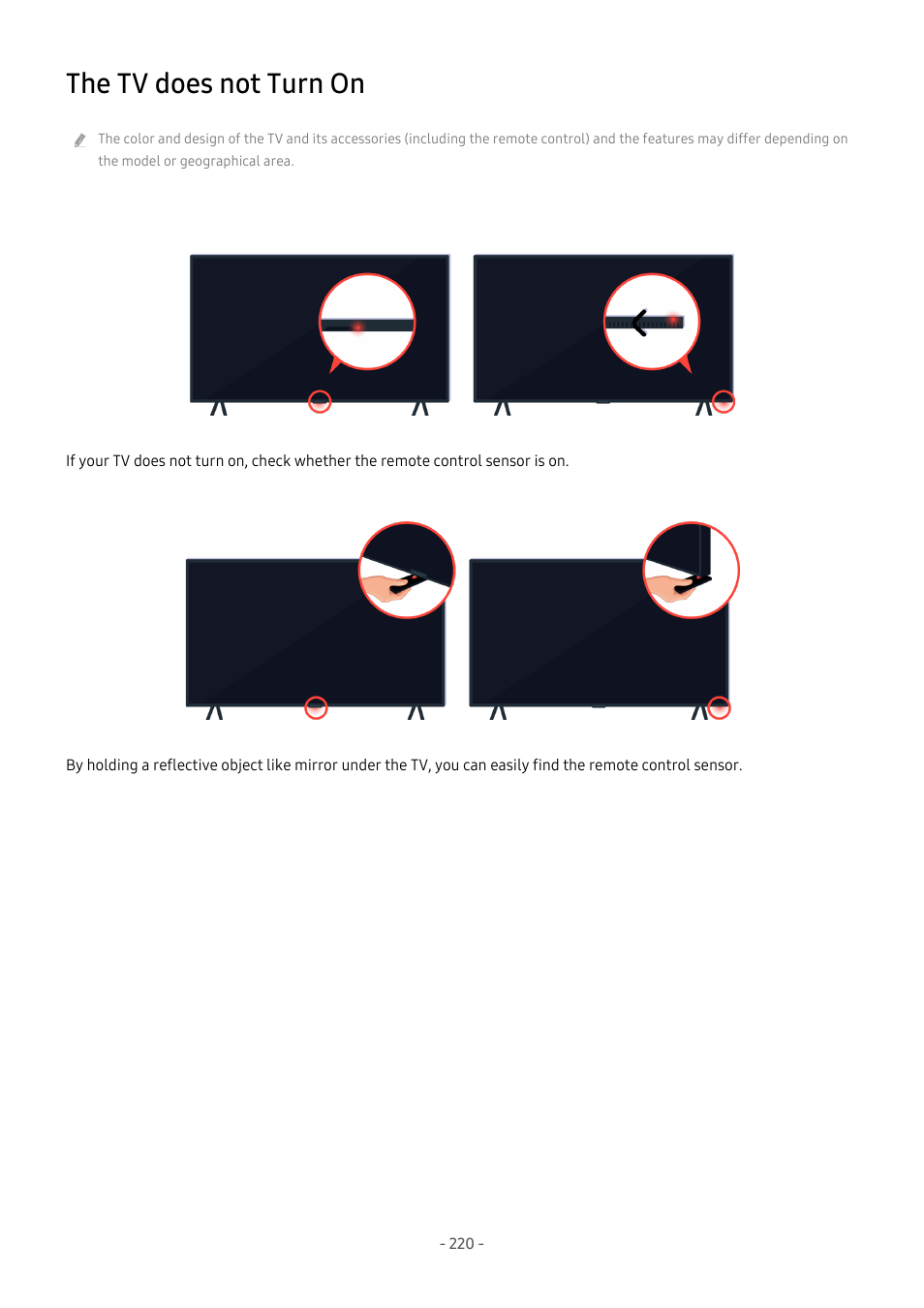 The tv does not turn on | Samsung S95C 77" 4K HDR Quantum Dot OLED TV User Manual | Page 220 / 272