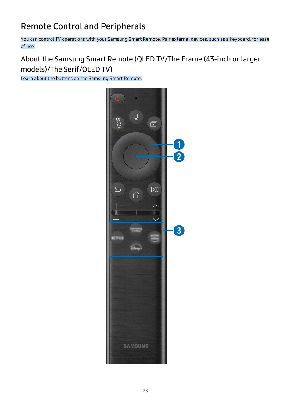 Remote control and peripherals, Inch or larger models)/the serif/oled tv) | Samsung S95C 77" 4K HDR Quantum Dot OLED TV User Manual | Page 23 / 272