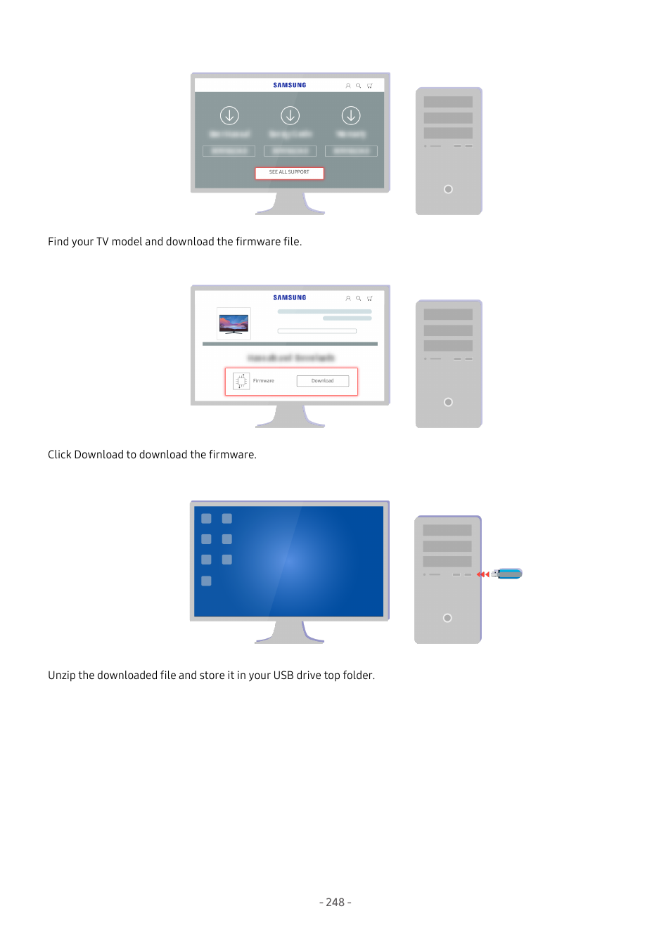 Find your tv model and download the firmware file | Samsung S95C 77" 4K HDR Quantum Dot OLED TV User Manual | Page 248 / 272
