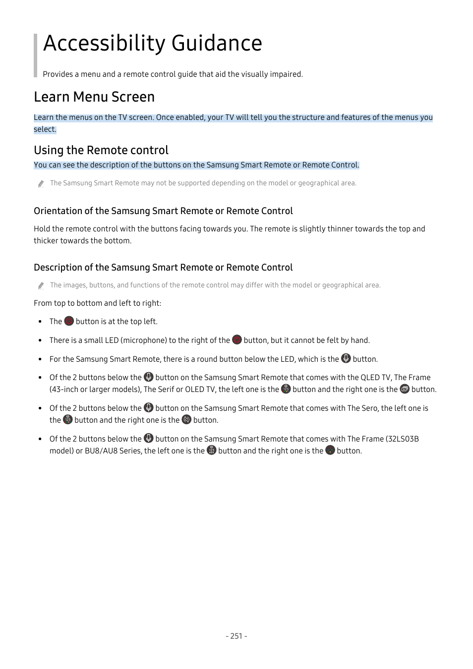 Accessibility guidance, Learn menu screen, Using the remote control | 251 using the remote control | Samsung S95C 77" 4K HDR Quantum Dot OLED TV User Manual | Page 251 / 272