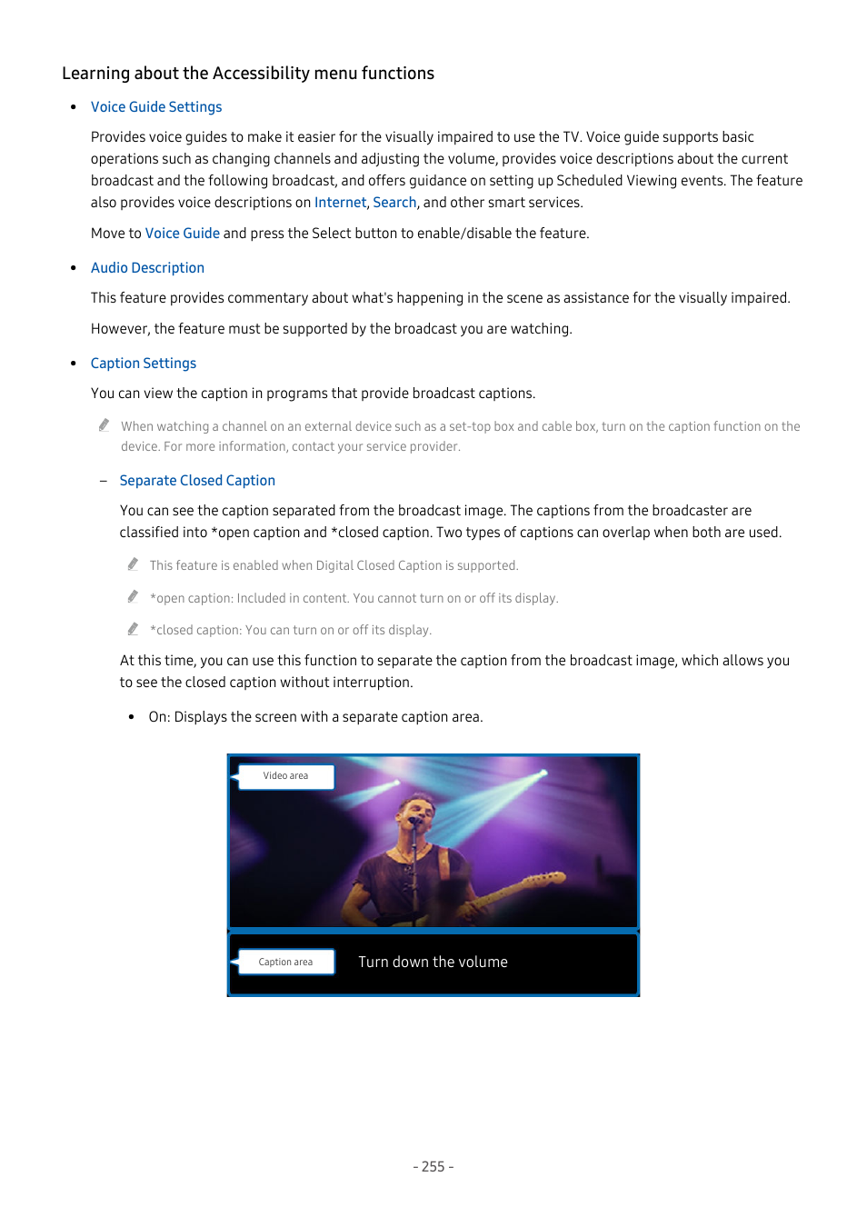 Learning about the accessibility menu functions | Samsung S95C 77" 4K HDR Quantum Dot OLED TV User Manual | Page 255 / 272