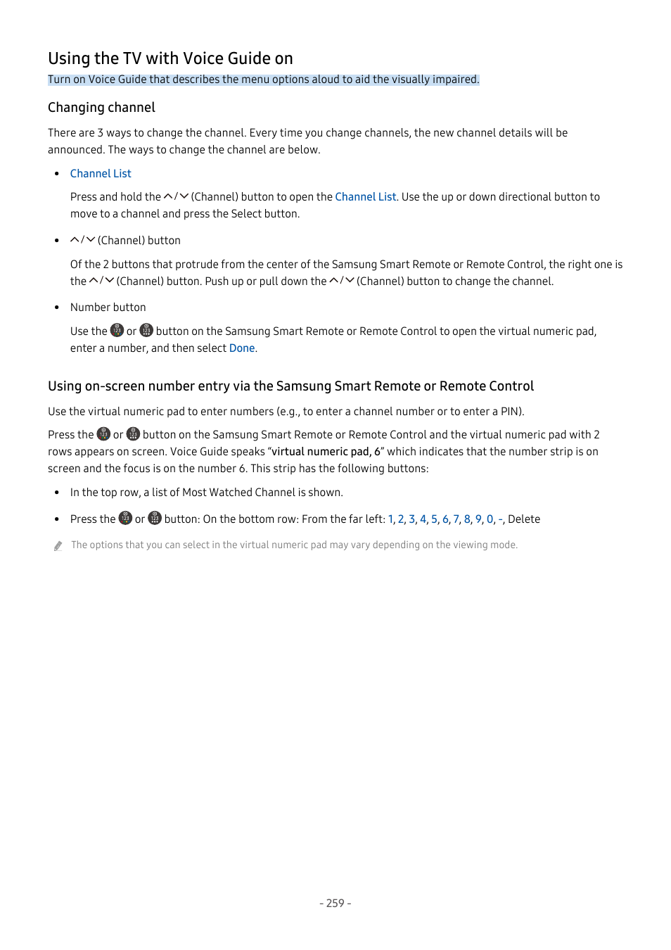 Using the tv with voice guide on, Changing channel, 259 using the tv with voice guide on | Samsung S95C 77" 4K HDR Quantum Dot OLED TV User Manual | Page 259 / 272
