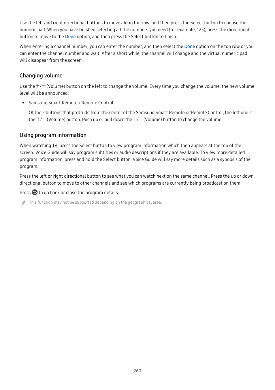 Changing volume, Using program information | Samsung S95C 77" 4K HDR Quantum Dot OLED TV User Manual | Page 260 / 272