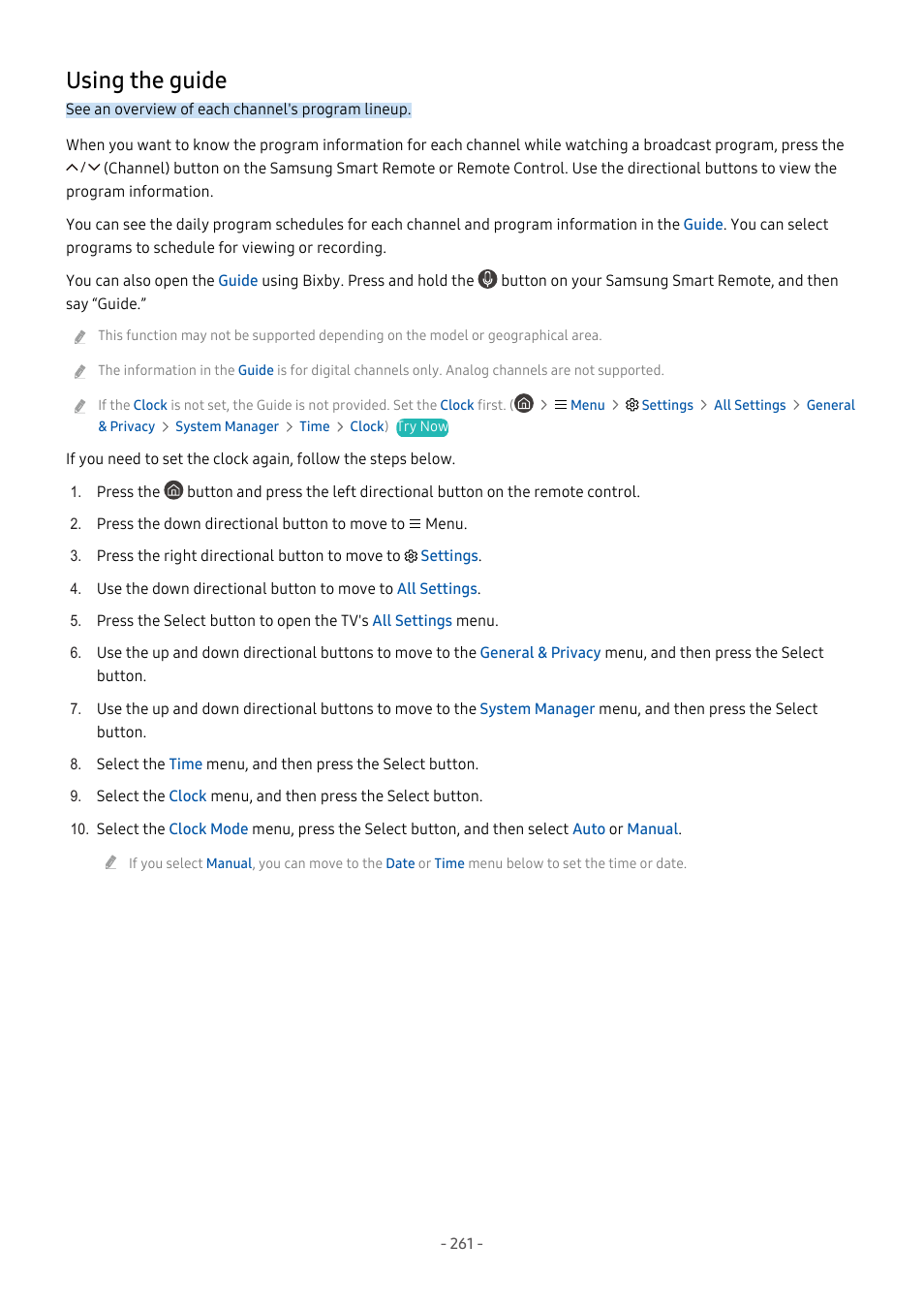 Using the guide, 261 using the guide | Samsung S95C 77" 4K HDR Quantum Dot OLED TV User Manual | Page 261 / 272