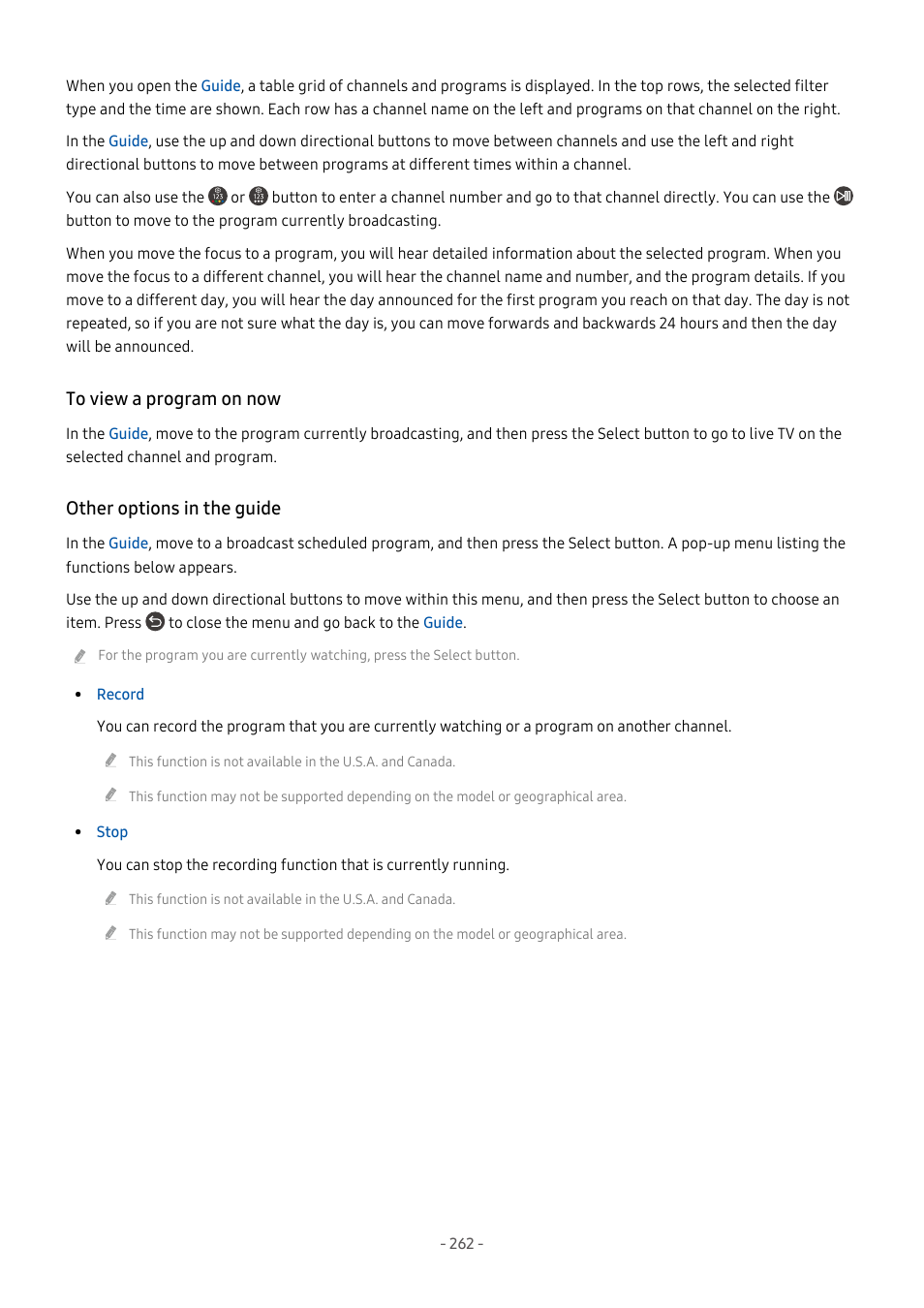To view a program on now, Other options in the guide | Samsung S95C 77" 4K HDR Quantum Dot OLED TV User Manual | Page 262 / 272