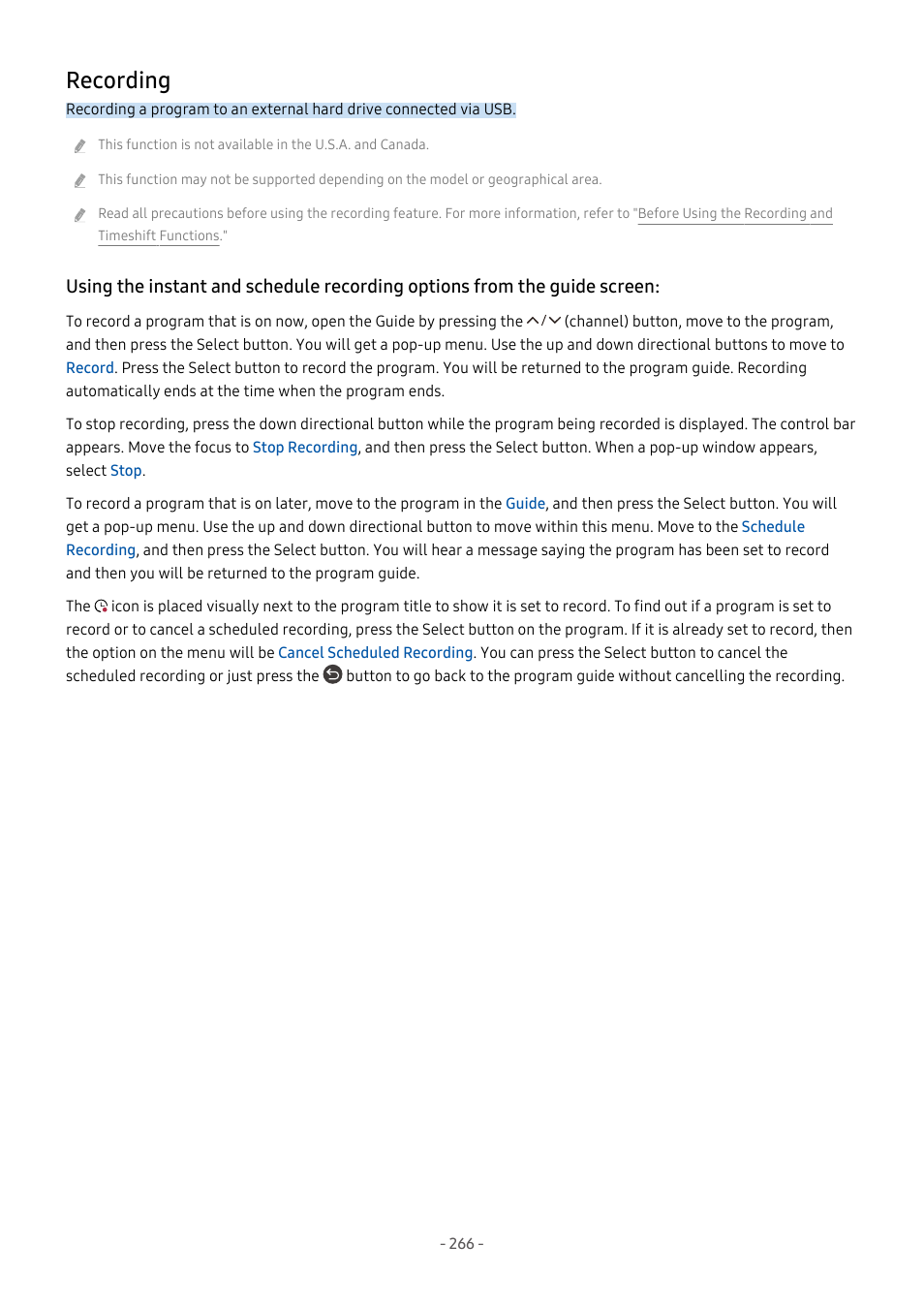 Recording, 266 recording | Samsung S95C 77" 4K HDR Quantum Dot OLED TV User Manual | Page 266 / 272