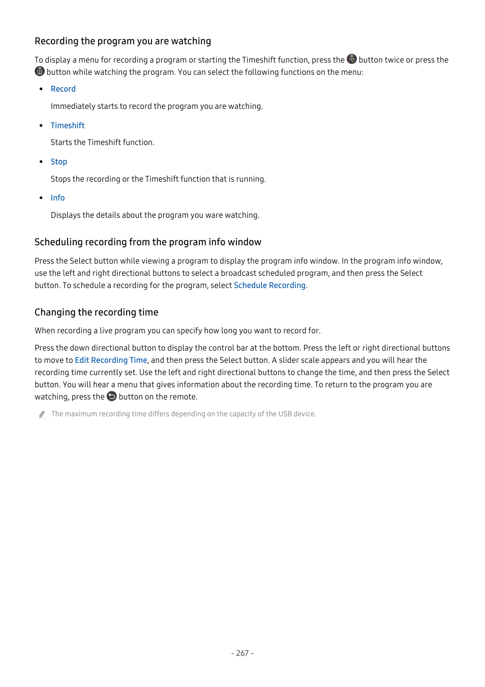 Recording the program you are watching, Scheduling recording from the program info window, Changing the recording time | Samsung S95C 77" 4K HDR Quantum Dot OLED TV User Manual | Page 267 / 272
