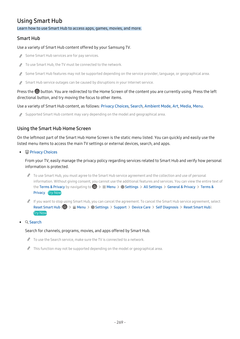 Using smart hub, Smart hub, Using the smart hub home screen | 269 using smart hub | Samsung S95C 77" 4K HDR Quantum Dot OLED TV User Manual | Page 269 / 272