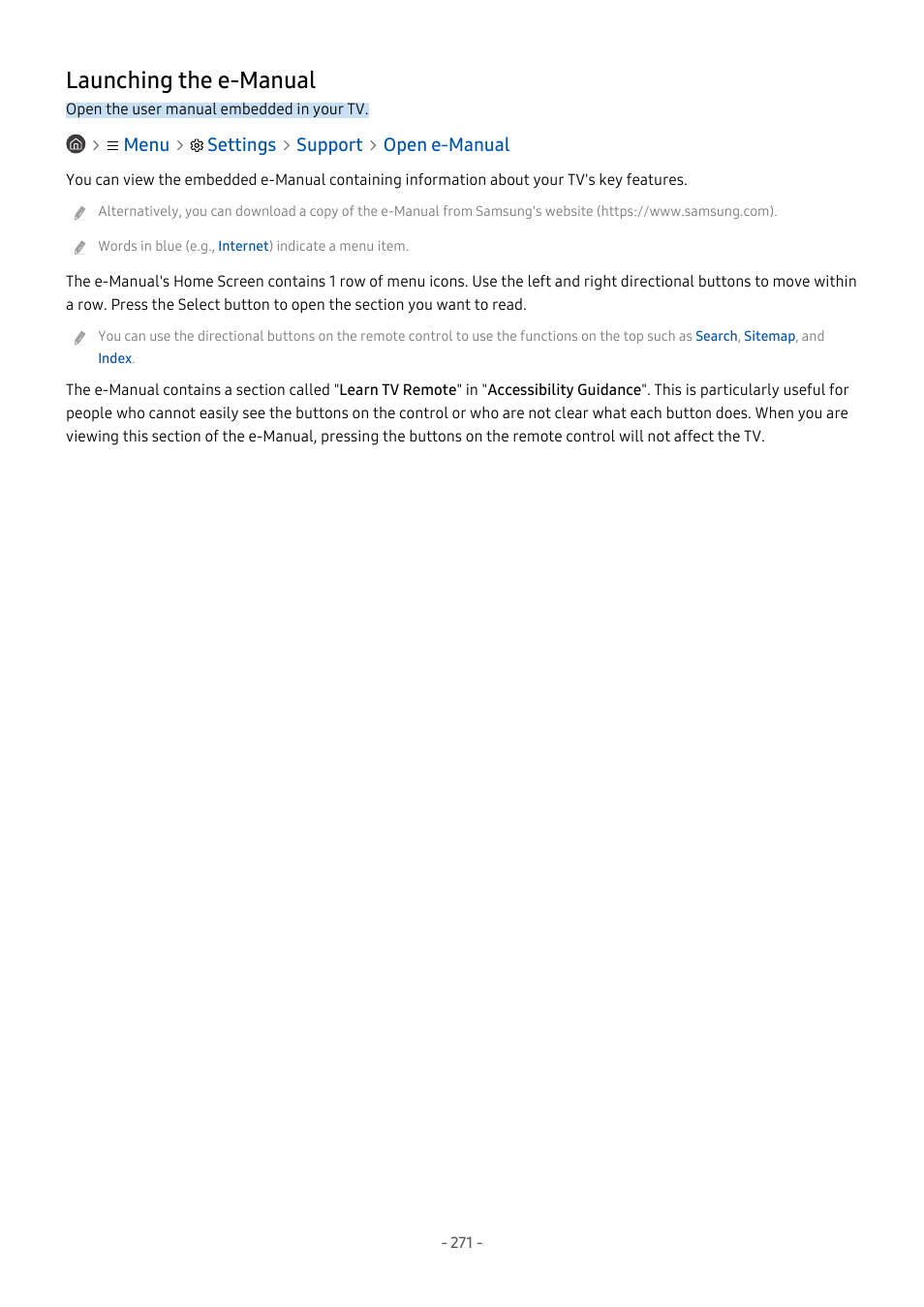 Launching the e-manual, 271 launching the e-manual | Samsung S95C 77" 4K HDR Quantum Dot OLED TV User Manual | Page 271 / 272
