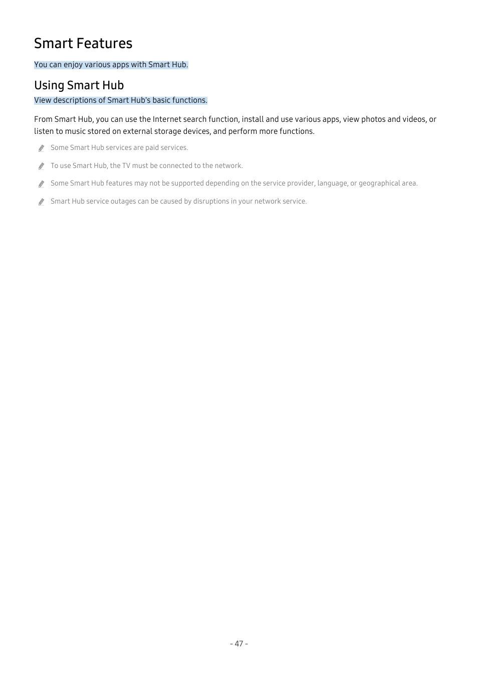 Smart features, Using smart hub, 47 using smart hub | Samsung S95C 77" 4K HDR Quantum Dot OLED TV User Manual | Page 47 / 272