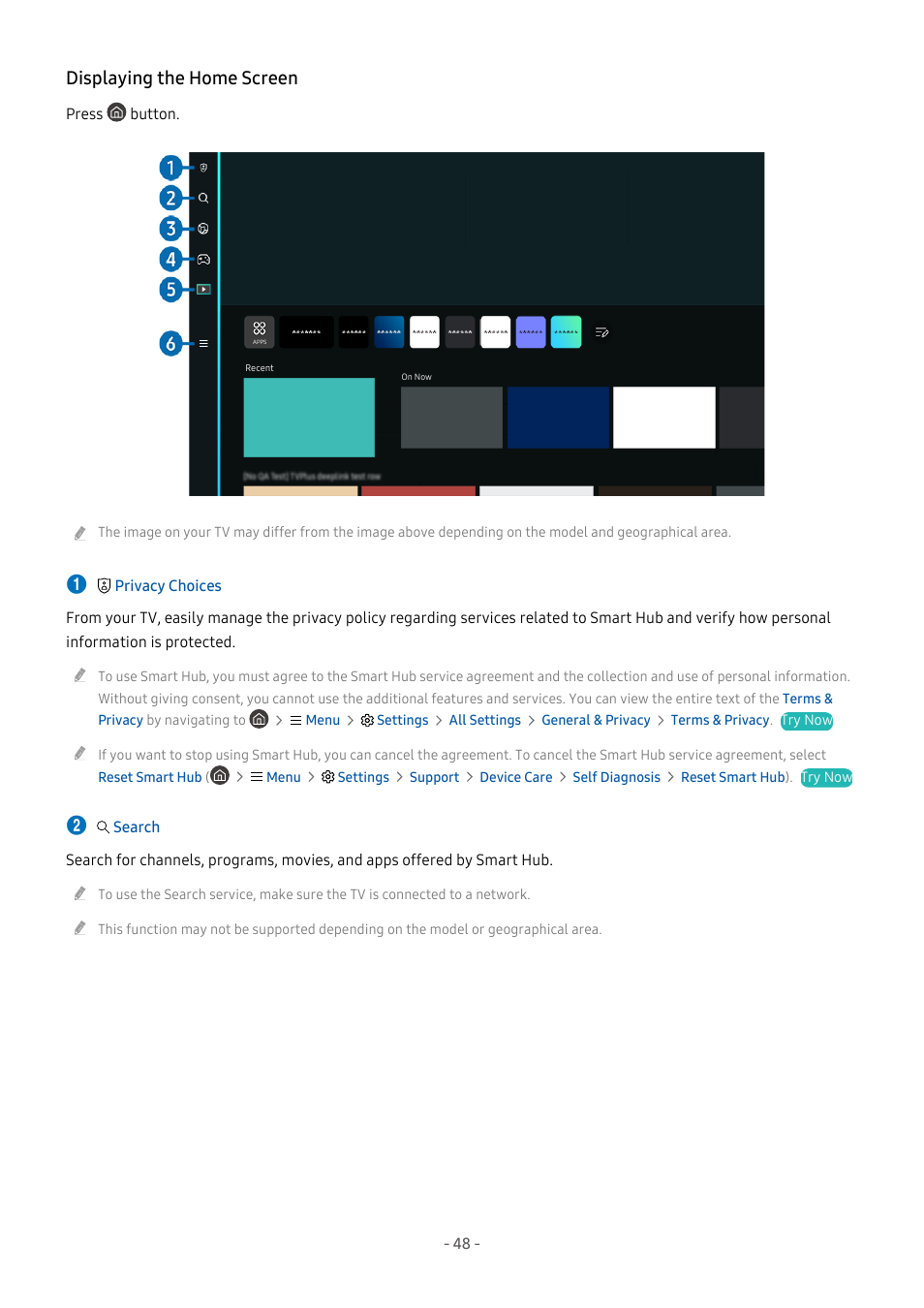 Displaying the home screen | Samsung S95C 77" 4K HDR Quantum Dot OLED TV User Manual | Page 48 / 272
