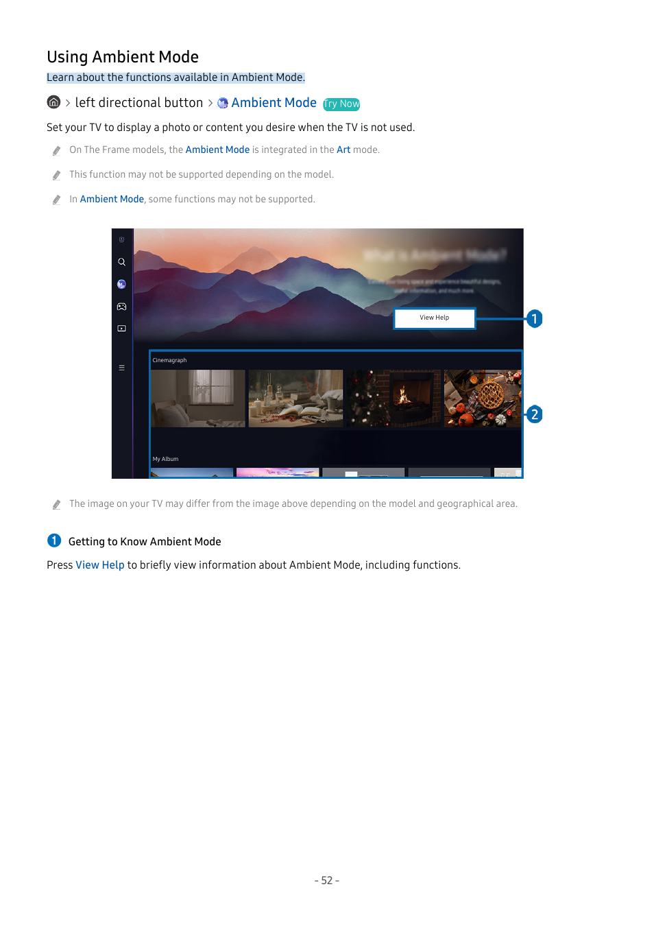 Using ambient mode, 52 using ambient mode, Refer to "using ambient mode | Left directional button ambient mode | Samsung S95C 77" 4K HDR Quantum Dot OLED TV User Manual | Page 52 / 272